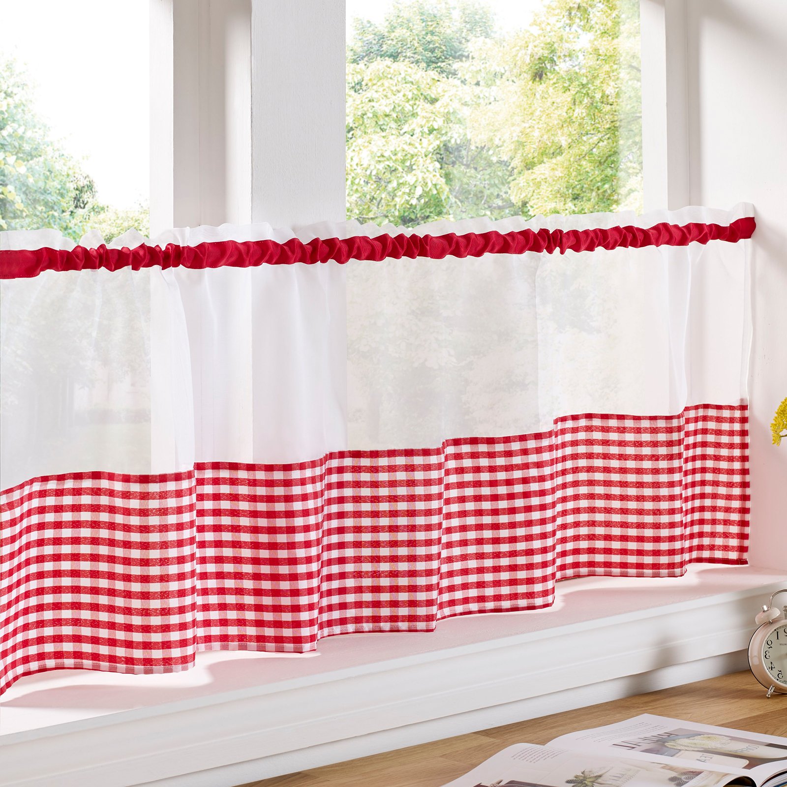 Just Contempo Traditional Café Curtain Panel with Gingham Checked Design, Red 59x24 inches