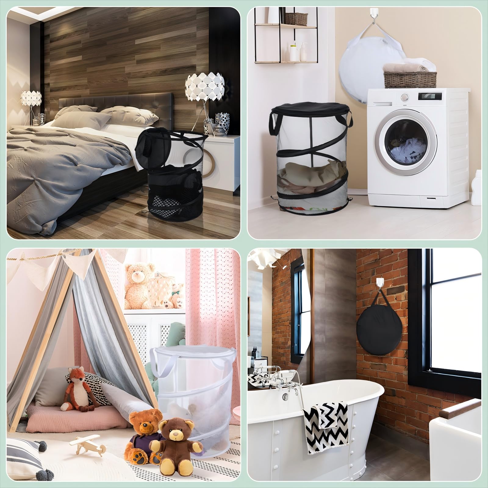 Set di 4 cesti portabiancheria pop-up con coperchio in rete pieghevoli con manici, rotondi, pieghevoli, con ganci adesivi, per vestiti sporchi, organizer da viaggio, dormitorio, bianco, nero