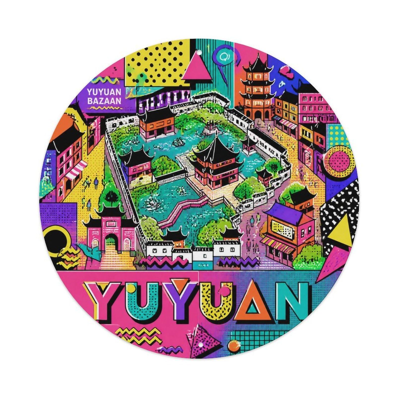 Okngb Style Yuyuan Garden Shanghai River Route Riverfront Detail Metal Tin Sign Plaque Wall Decor For Cafe, Man Cave, Club Bar, Office, Home Garden Round Metal Poster 8X8inch