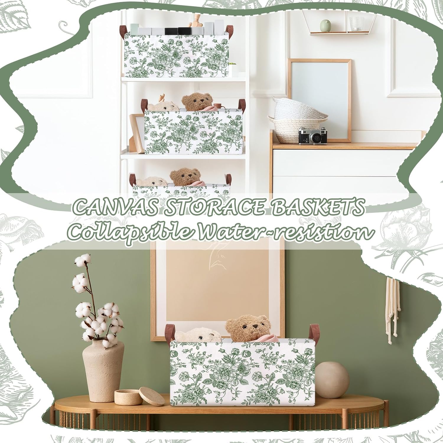 Boao 3 Pcs Sage Green Floral Foldable Storage Bins Baskets with Handle