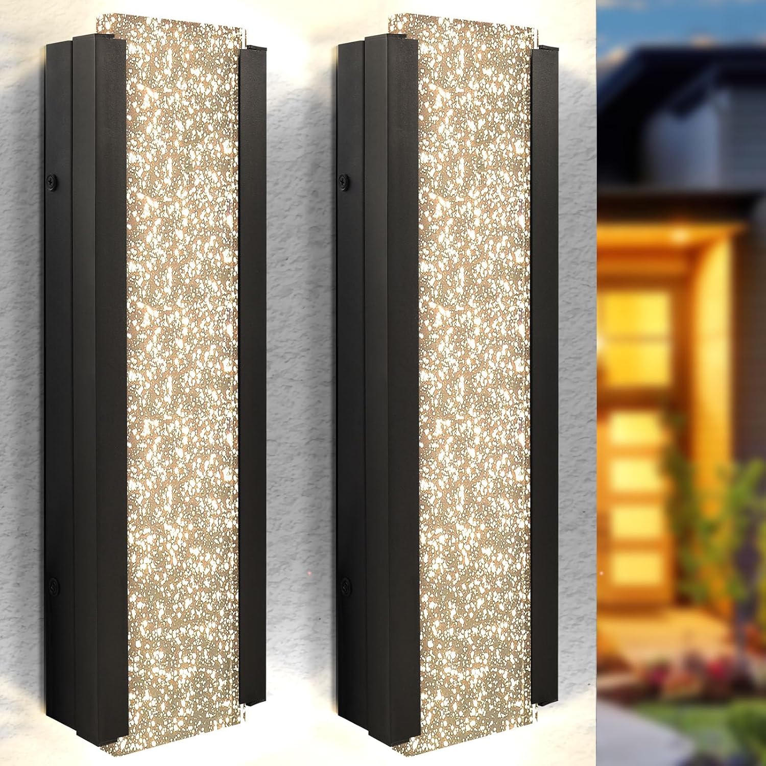 LUXRITE LED 17 Inch Bubble Glass Outdoor Wall Sconce, 3CCT 3000K 4000K 5000K, IP65 Waterproof, 12W, Aluminum, Seeded Glass Light Fixture, ETL Listed, Exterior Porch Lights, Outdoor Wall Lights 2-Pack