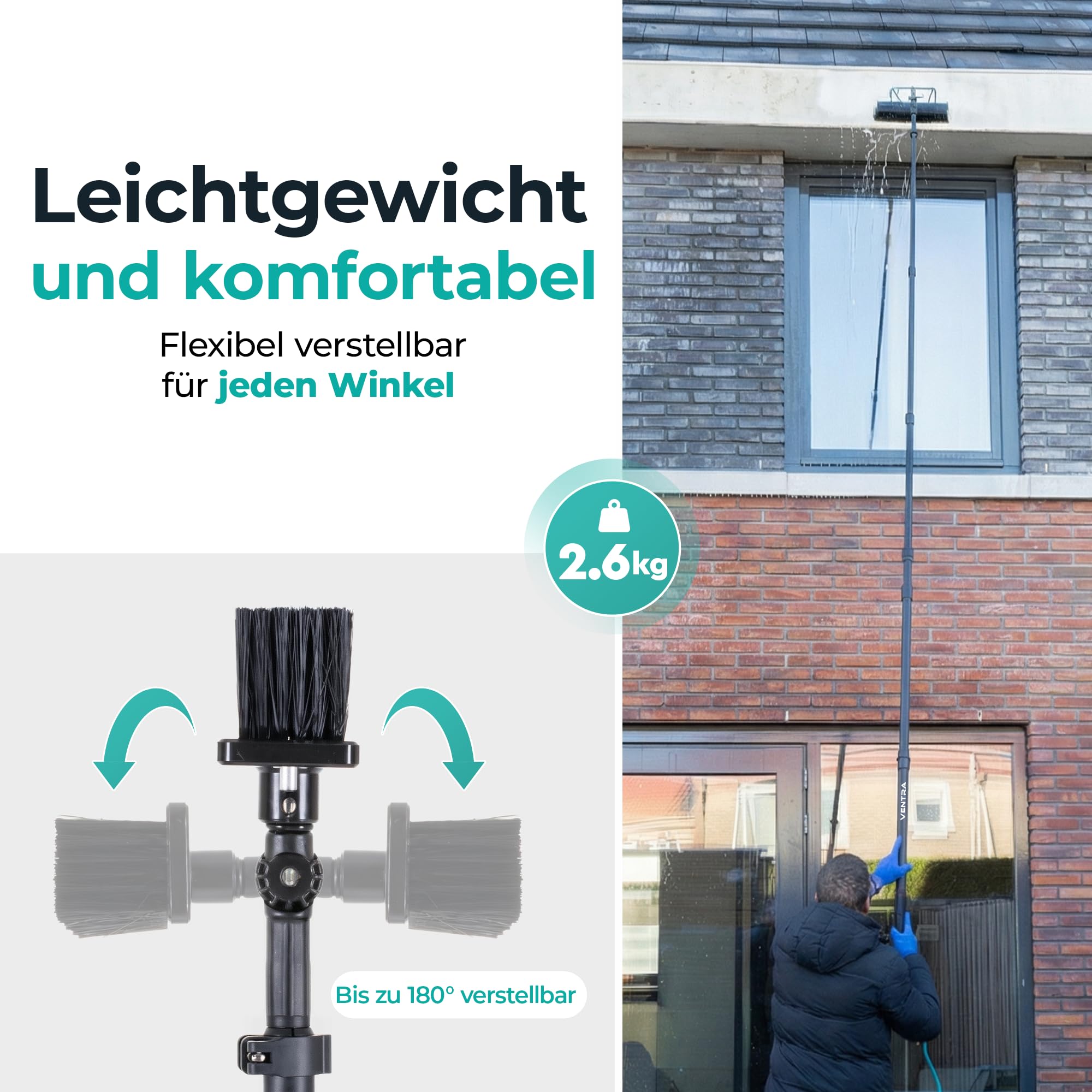 VENTRA Teleskop-Waschbürste 7,2M – Extra Große Bürste (34 cm) - 4 Wasserauslässe – Fensterheber & Staubwedel – Edelstahl Teleskopstiel – Inklusive Handschuhe & Mikrofasertuch