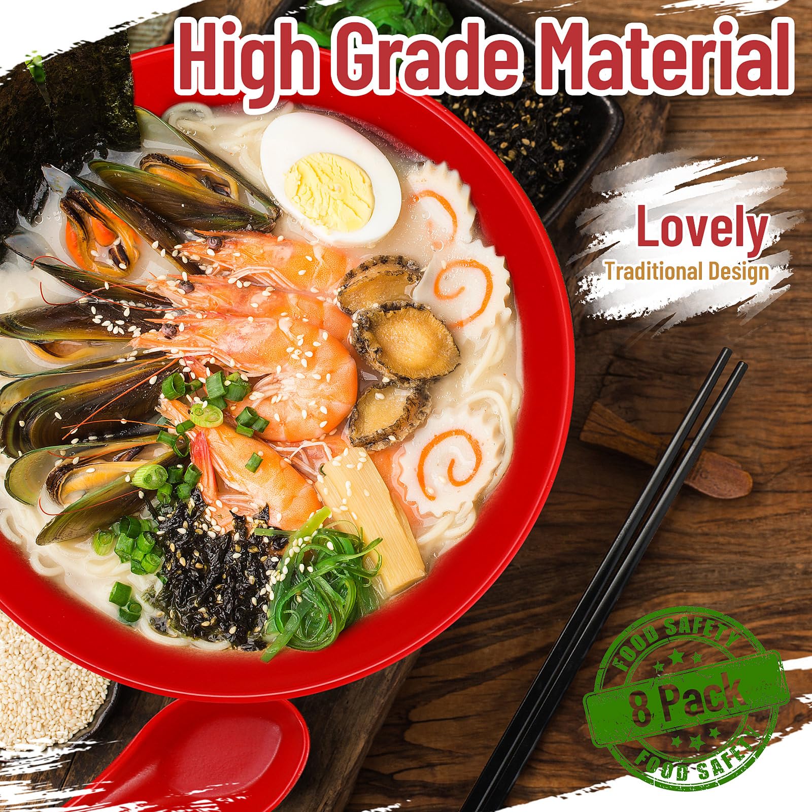 Eaasty 24-Piece Ramen Bowl Set - 8 Japanese Style Soup Bowls (35 Oz) With Spoons & Chopsticks, Black & Red - View #9