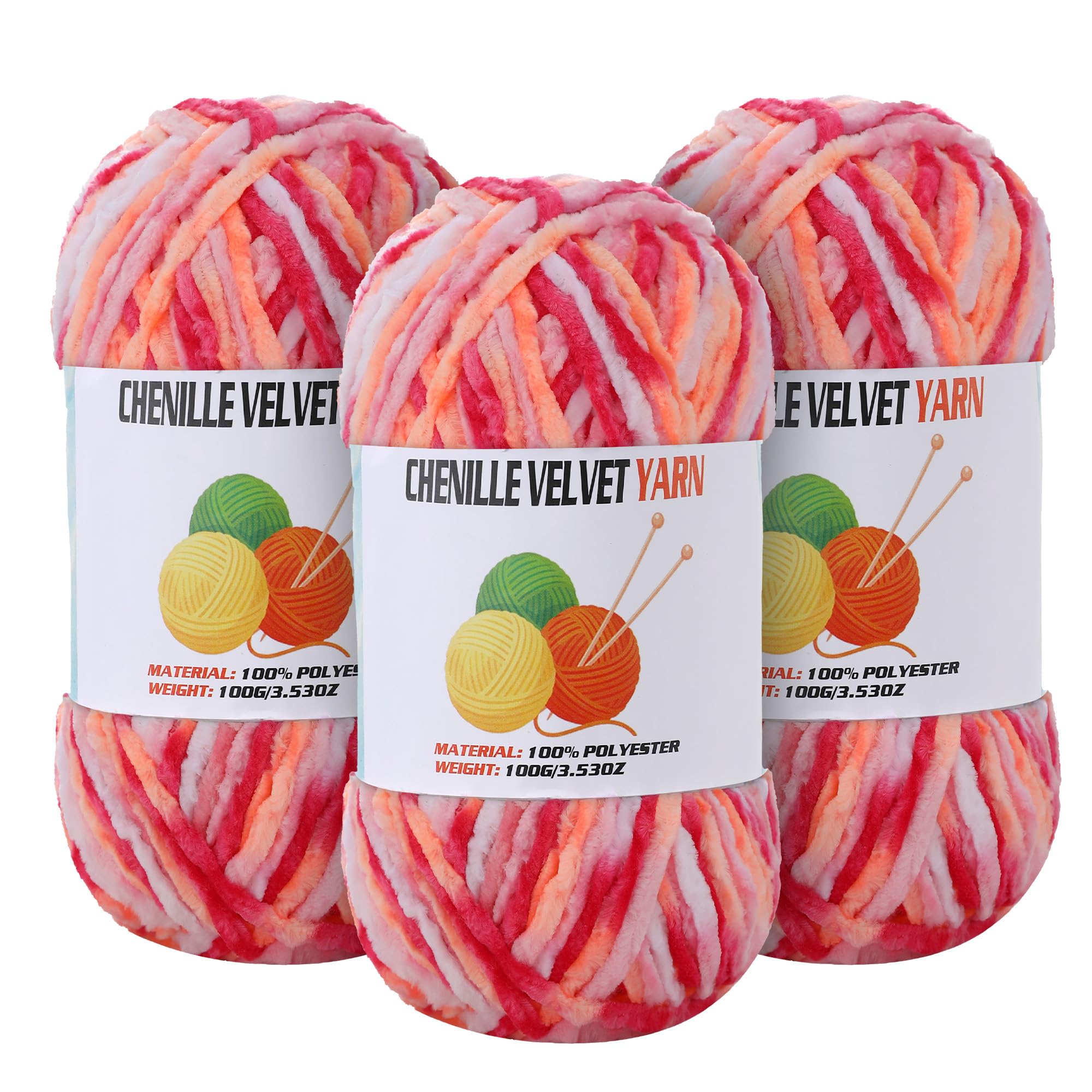 3 * 100g Velvet Chenille Chunky Yarn for Crocheting, Handcrafts Weaving Soft Chenille Yarn for Crocheting Clearance, Used for Making Baby Yarns Blanket, Clothes, Knitting Creations (Colorful - G)