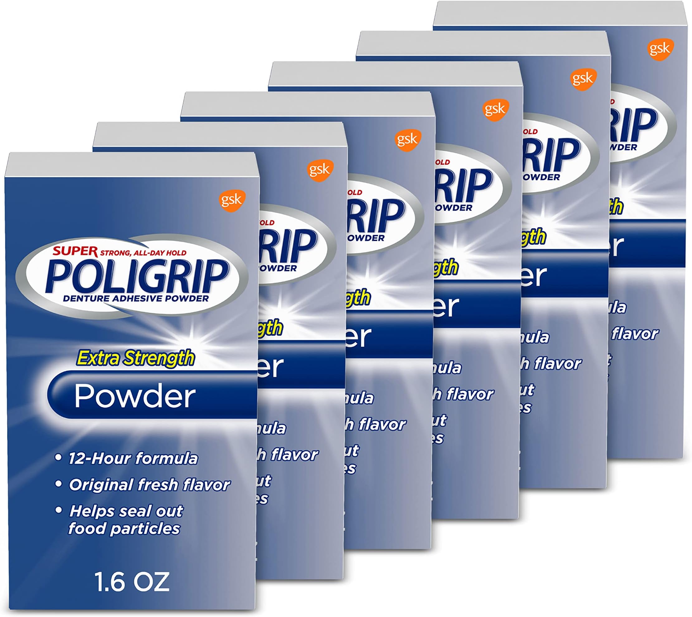 Super Denture Adhesive Powder, Extra Strength 1.6 oz Container (Pack of 6) by Super Poli-Grip