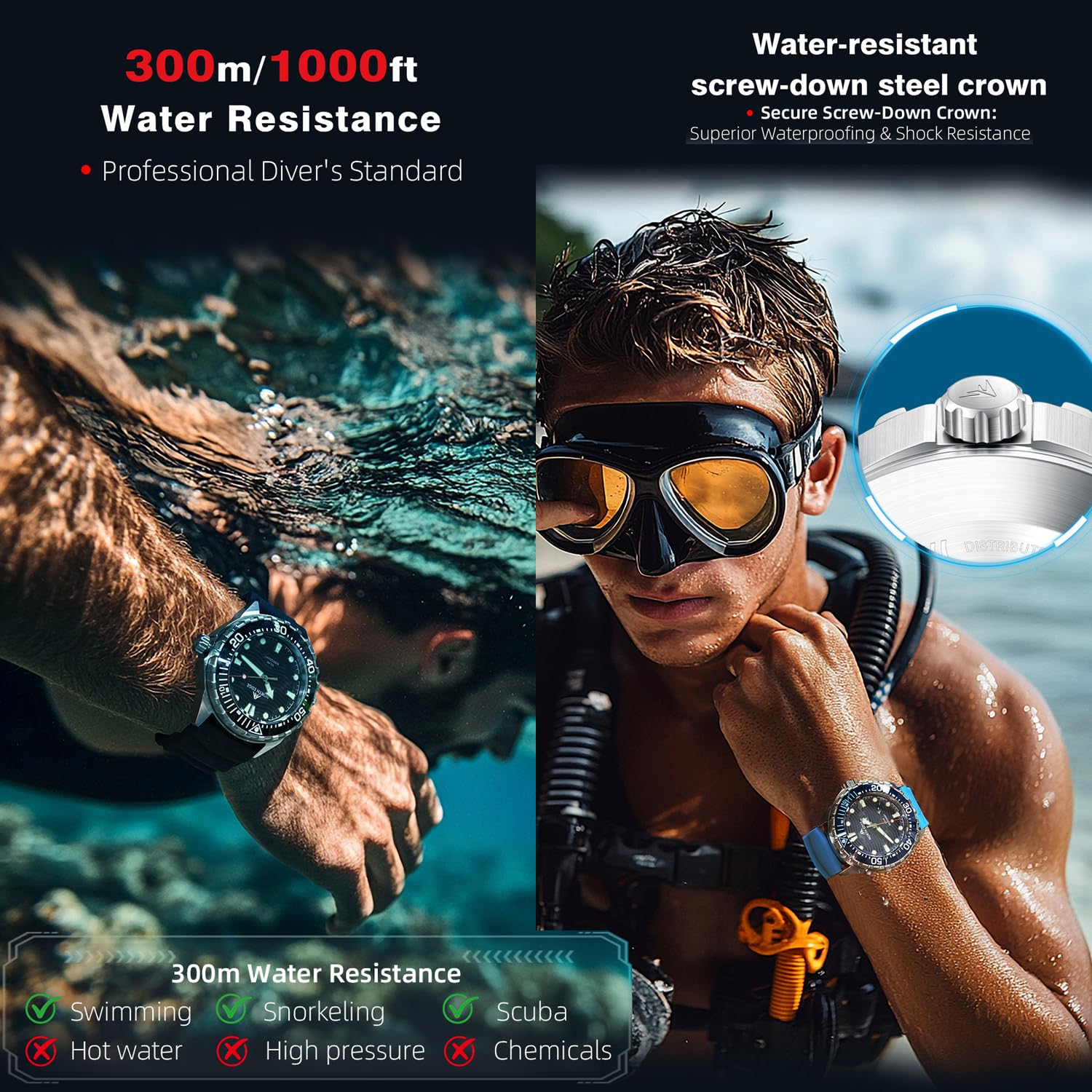 Orologio da uomo a energia solare, resistente all'acqua fino a 300 m, in acciaio inox, cinturino in acciaio 316L, orologio analogico al quarzo per immersioni e uso quotidiano