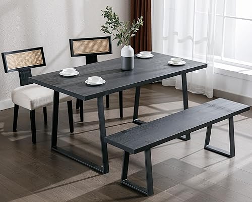 Miniatura 3 de VESCASA Banco de comedor de madera de 60 pulgadas con patas de metal negro para comedor, cocina, color negro