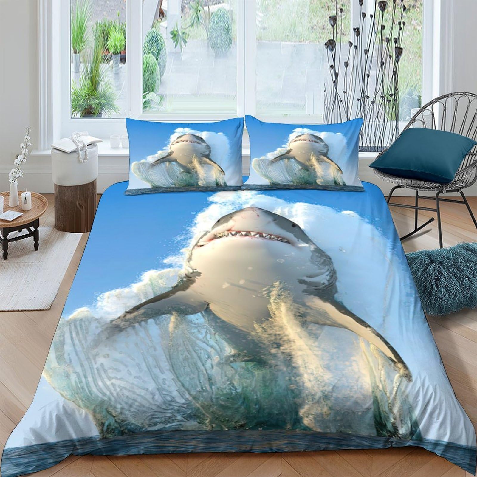 TUFRTGYHN 3D Printed Shark Ocean Duvet Cover Set Microfiber Soft Blue Sea Bedding Set with 2 Pillowcases for Bedroom Decor Single（135x200cm）