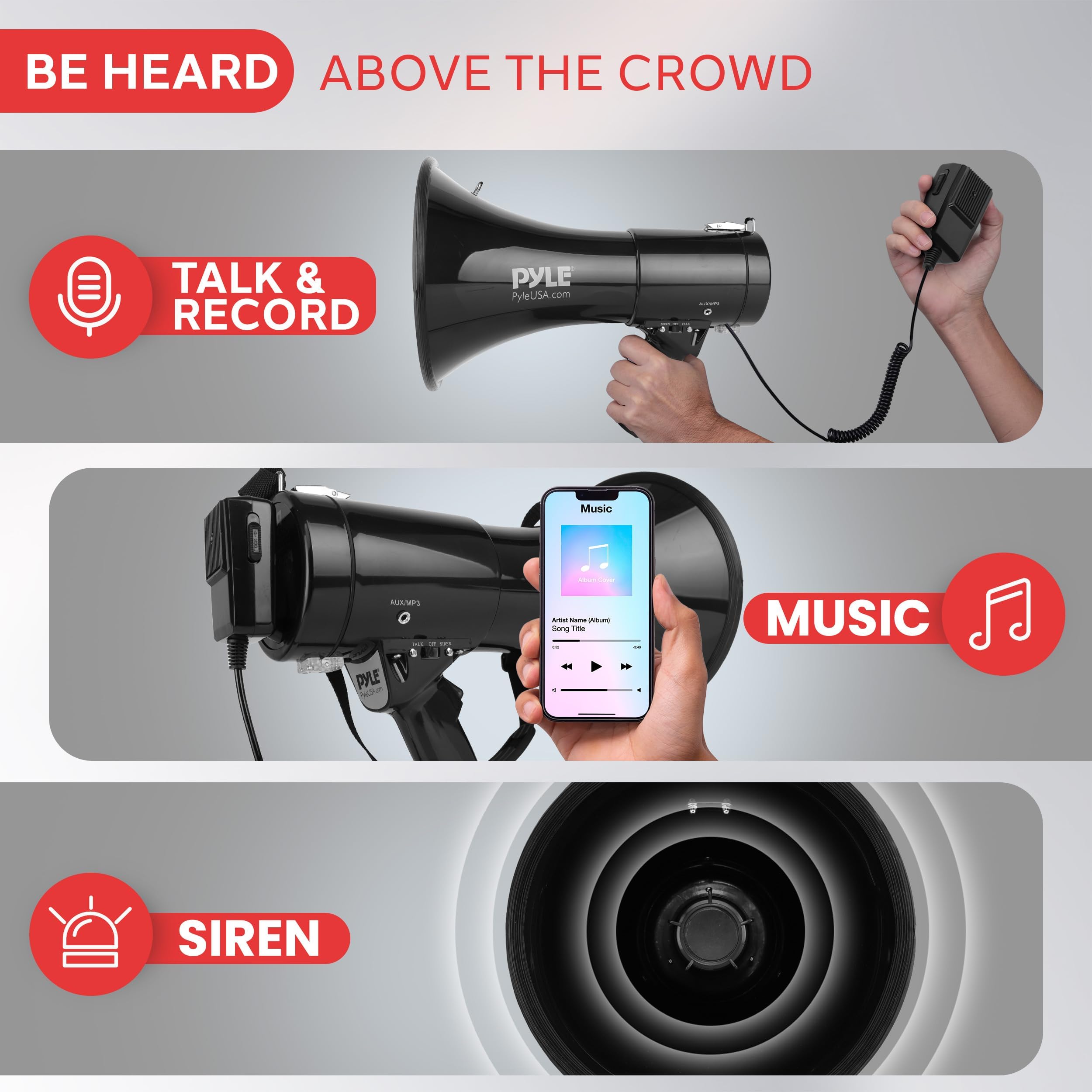 Pyle Mégaphone Haut-Parleur PA Bullhorn - Sirène Intégrée 50 Watts & Commande de Volume Ajustable