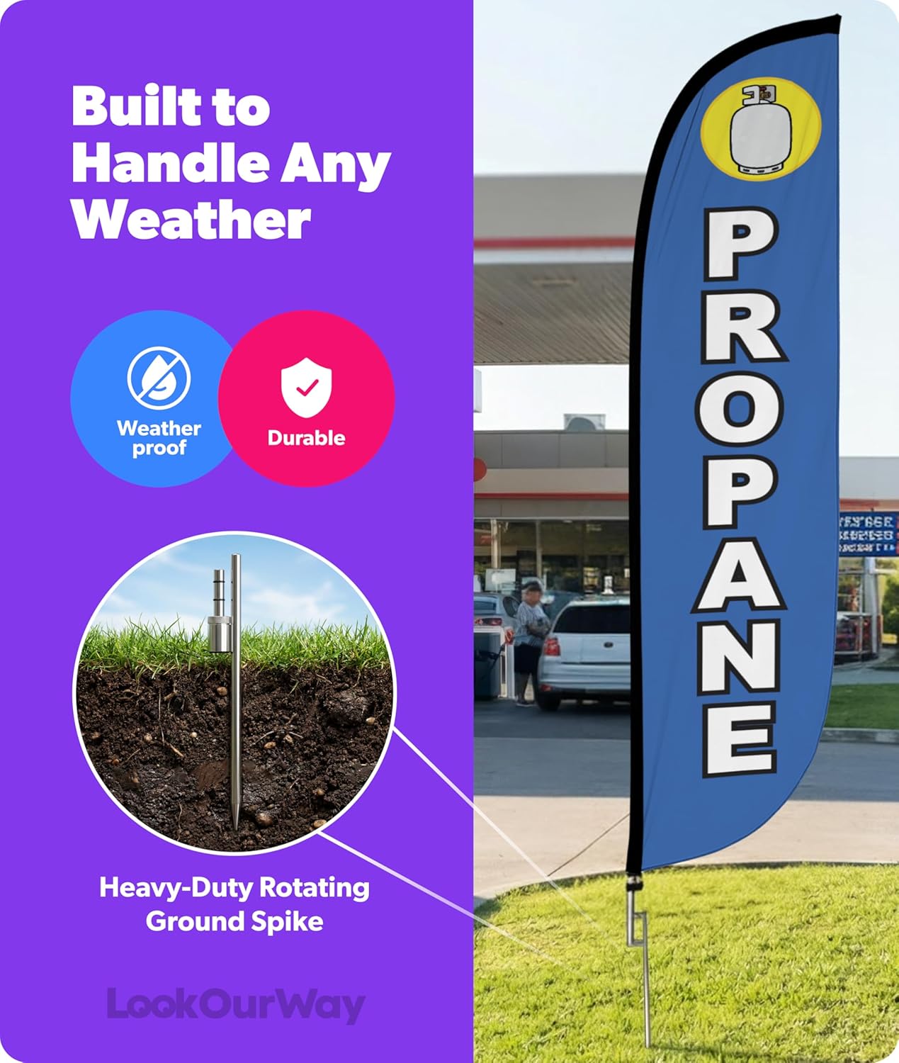 LookOurWay Feather Flag Pole Kit - 12 Feet Tall Advertising Flag Banner with Fiberglass Pole Kit and Ground Spike for Business Promotion - Convenience Store Flag - Propane (10M1200147)