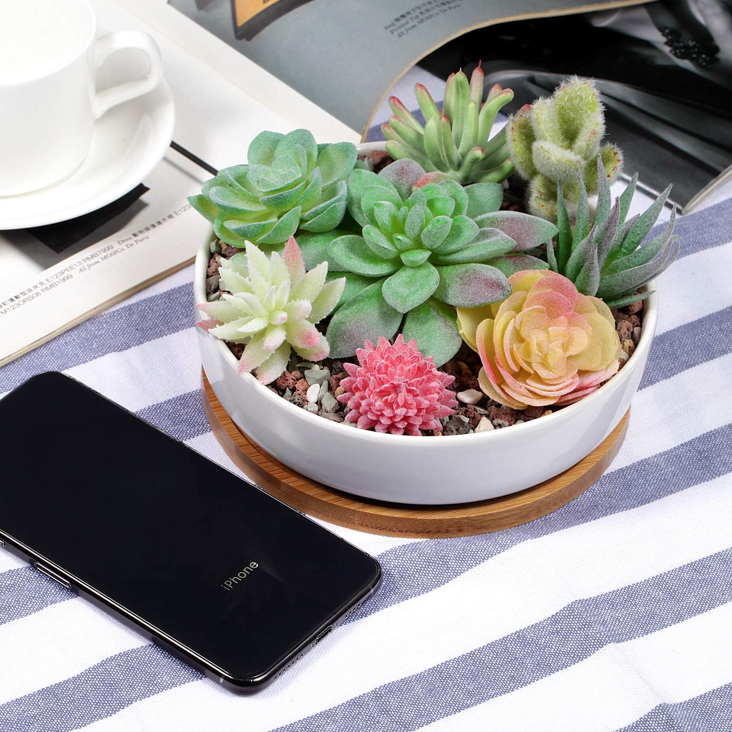 Binwen 6.3 inch Round Ceramic White Succulent Cactus Planters Pots with Drainage Bamboo Trays - Plants Not Included
