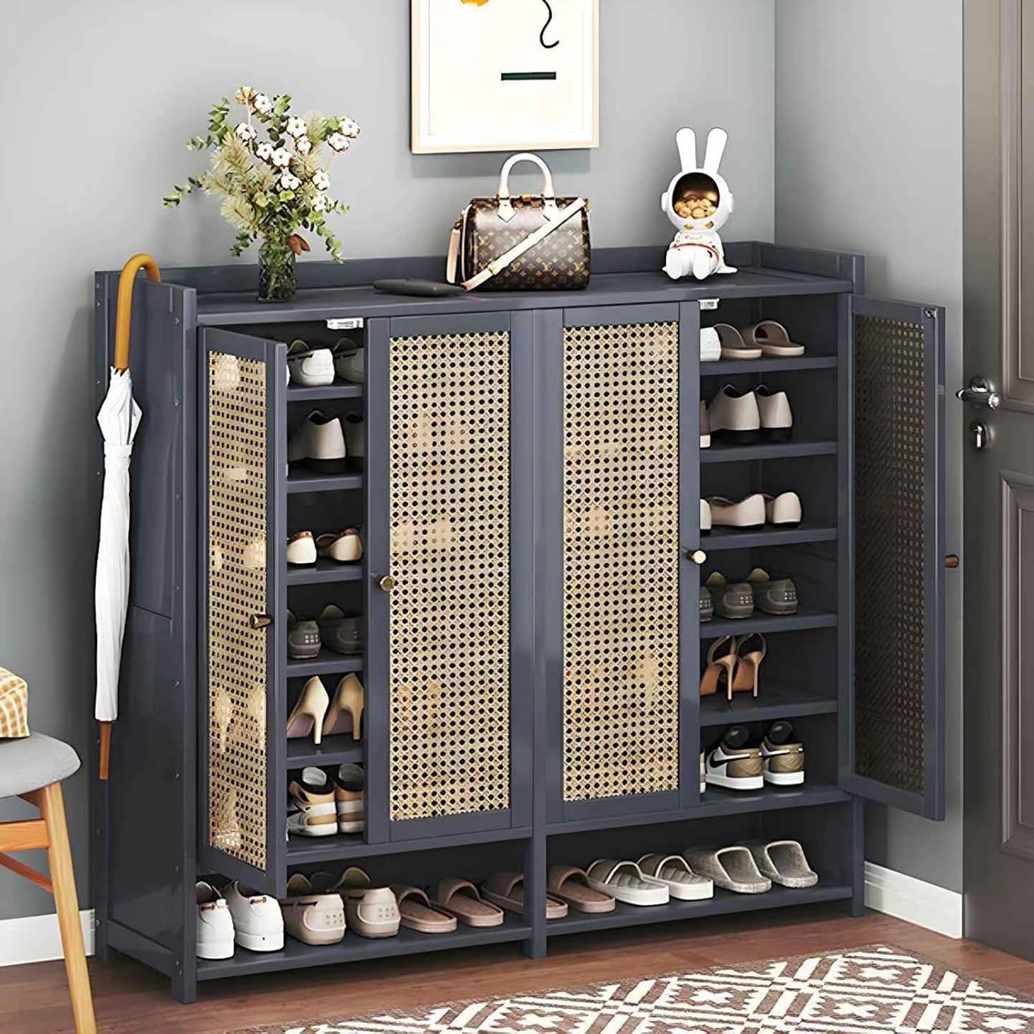 Large Shoe Cabinet, 8-Tier Shoe Cabinet with Door, 36-40 Pairs Freestanding Shoe Rack, Entrance Bamboo Shoe Cabinet for Hallway Living Room.