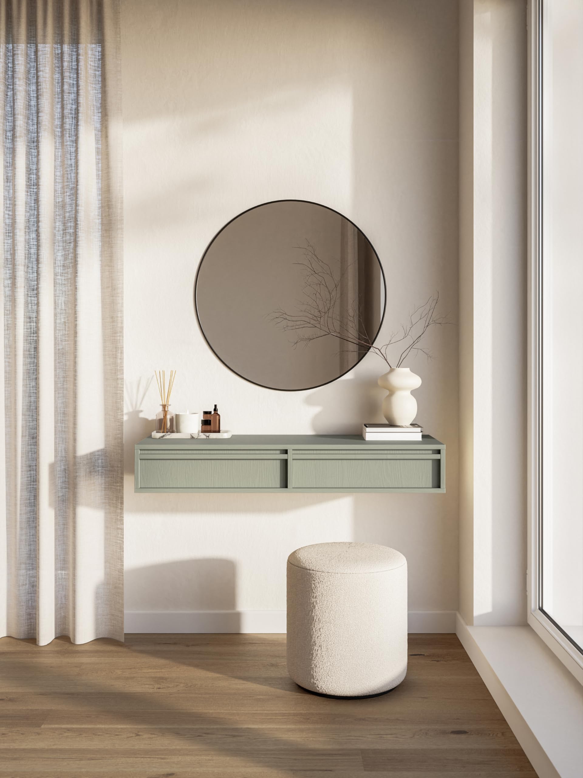 Selsey Coiffeuse avec Rangement Table De Maquillage avec 2 Tiroirs Suspendue Coin Beauté Style Moderne 110 cm Sauge Evo