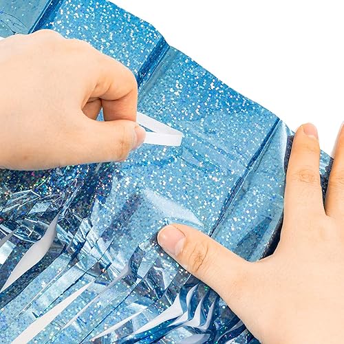 Miniatura 3 de BRAVESHINE Cortinas de Flecos de Lámina de Oropel Rosa y Azul - 2 Piezas 3.2x8.2 pies Serpentinas Fotográficas Telón de Fondo para Fiestas de