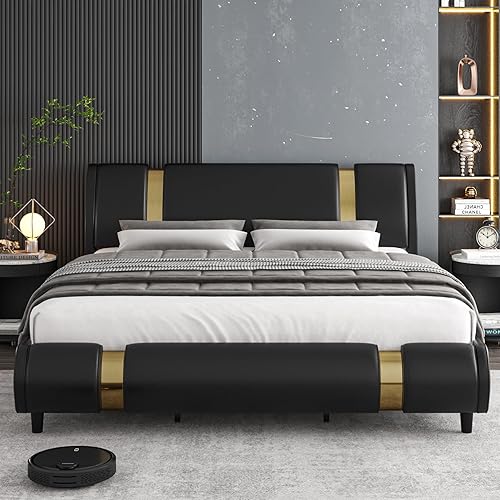 Miniatura 3 de TTVIEW Moderna base de cama tapizada de piel sintética con decoración de metal de hierro dorado, cabecera curvada ajustable, soporte de listones de