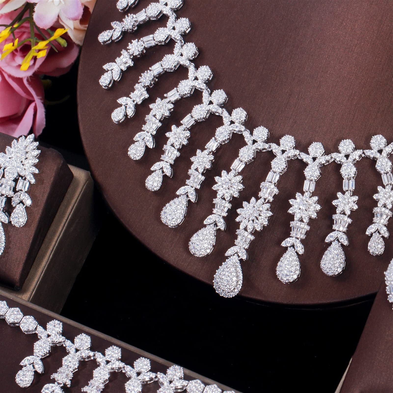 Joyería 4 Uds. Conjunto de joyería Grande de Boda para Mujer de Color Oro Blanco para Novias Ropa de Fiesta