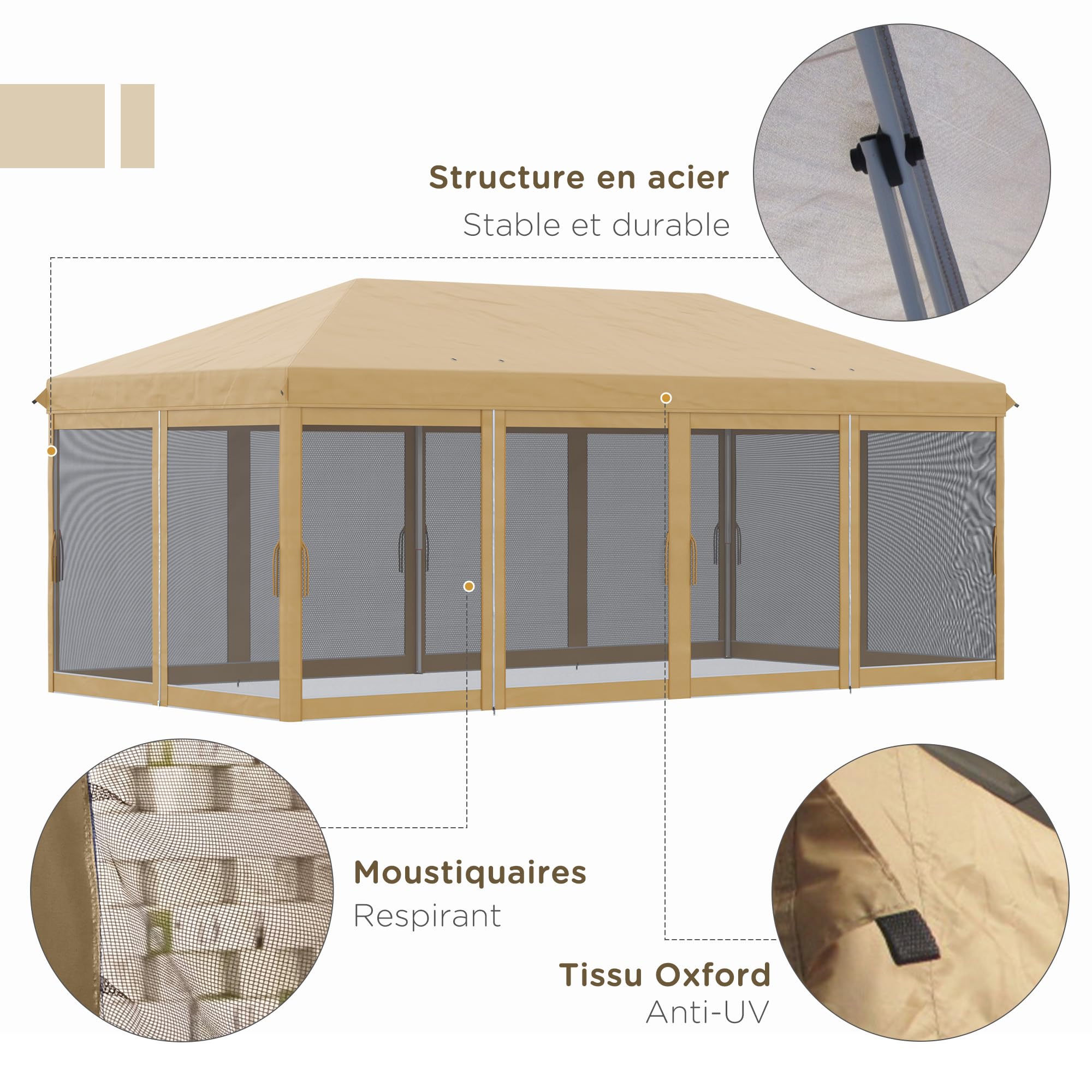 Outsunny Tonnelle Pliante tonnelle de Jardin extérieure Barnum Pliant Pop-up pavillon de terrasse 6 x 3 m Anti-UV moustiquaires Amovibles + Sac de Transport Beige