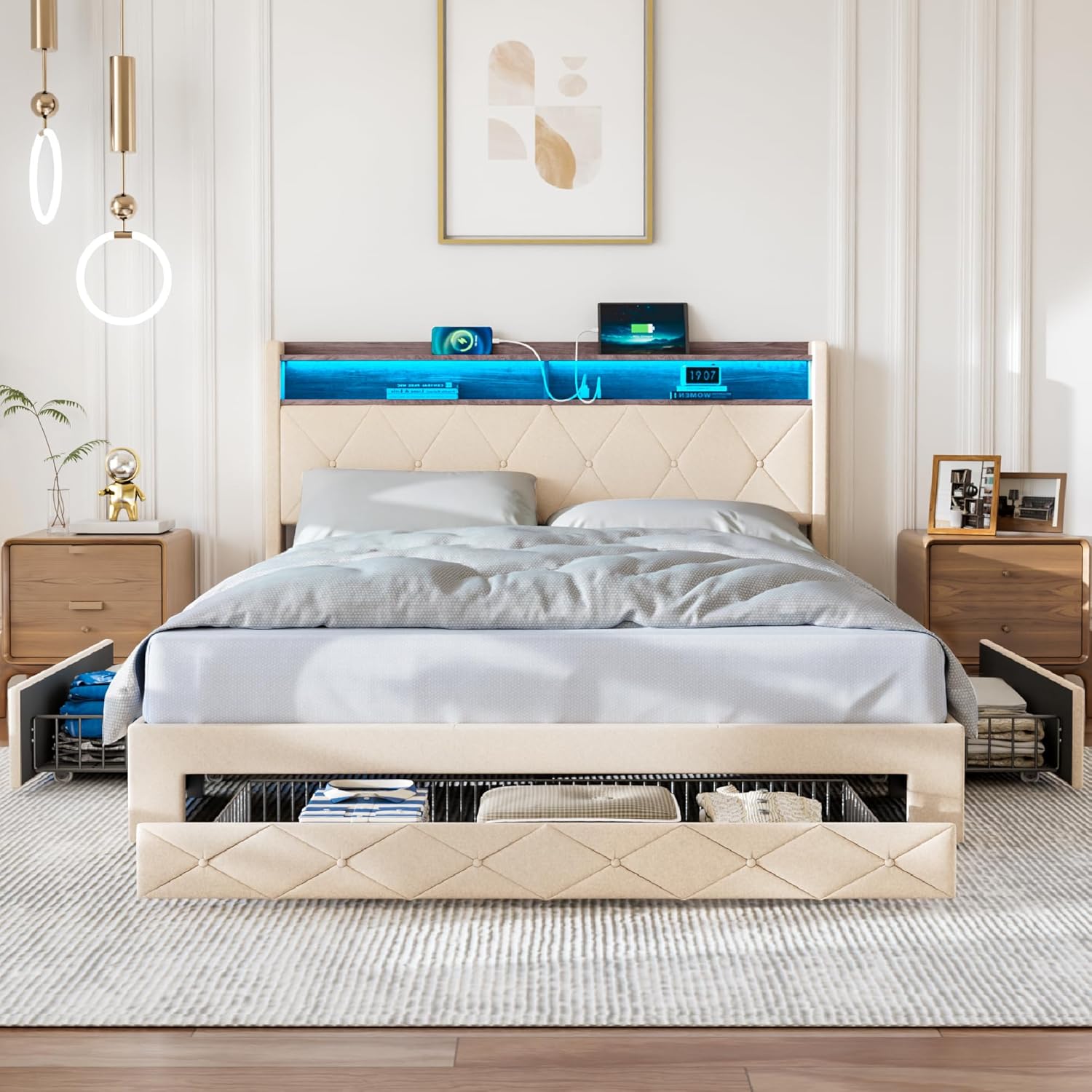 VECELO Velvet Full Size Upholstered Bed Frame with Headboard, Sturdy Platform Full Bed Frame with 3 Capacious Drawers, LED Light, Charging Station, USB Ports, Quiet, Easy Assembly, Beige
