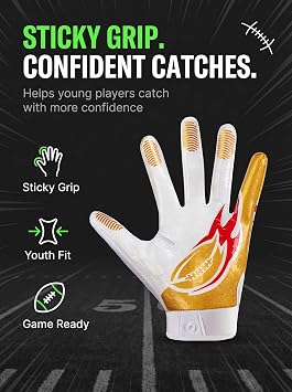 Youth Football Gloves Sticky Grip, Kids Football Receiver Gloves Double Layer Silicone Coated Palm, Flag Football Gloves Gifts for Boys Girls