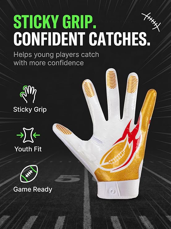 Youth Football Gloves Sticky Grip, Kids Football Receiver Gloves Double Layer Silicone Coated Palm, Flag Football Gloves Gifts for Boys Girls