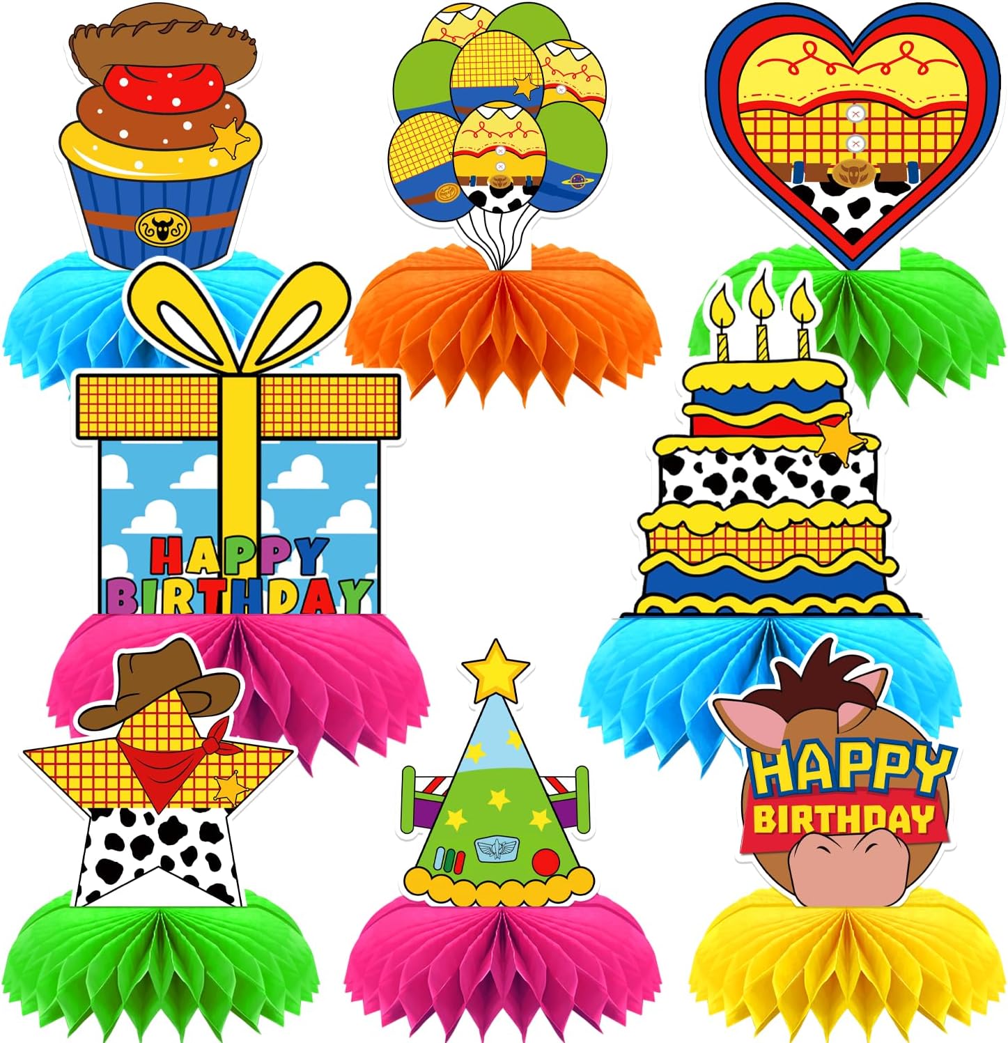 8Pcs Toy Cartoon Story Birthday Party Supplies,Toy Party Honeycomb Centerpieces,Toy Game Theme 3D Table Decorations