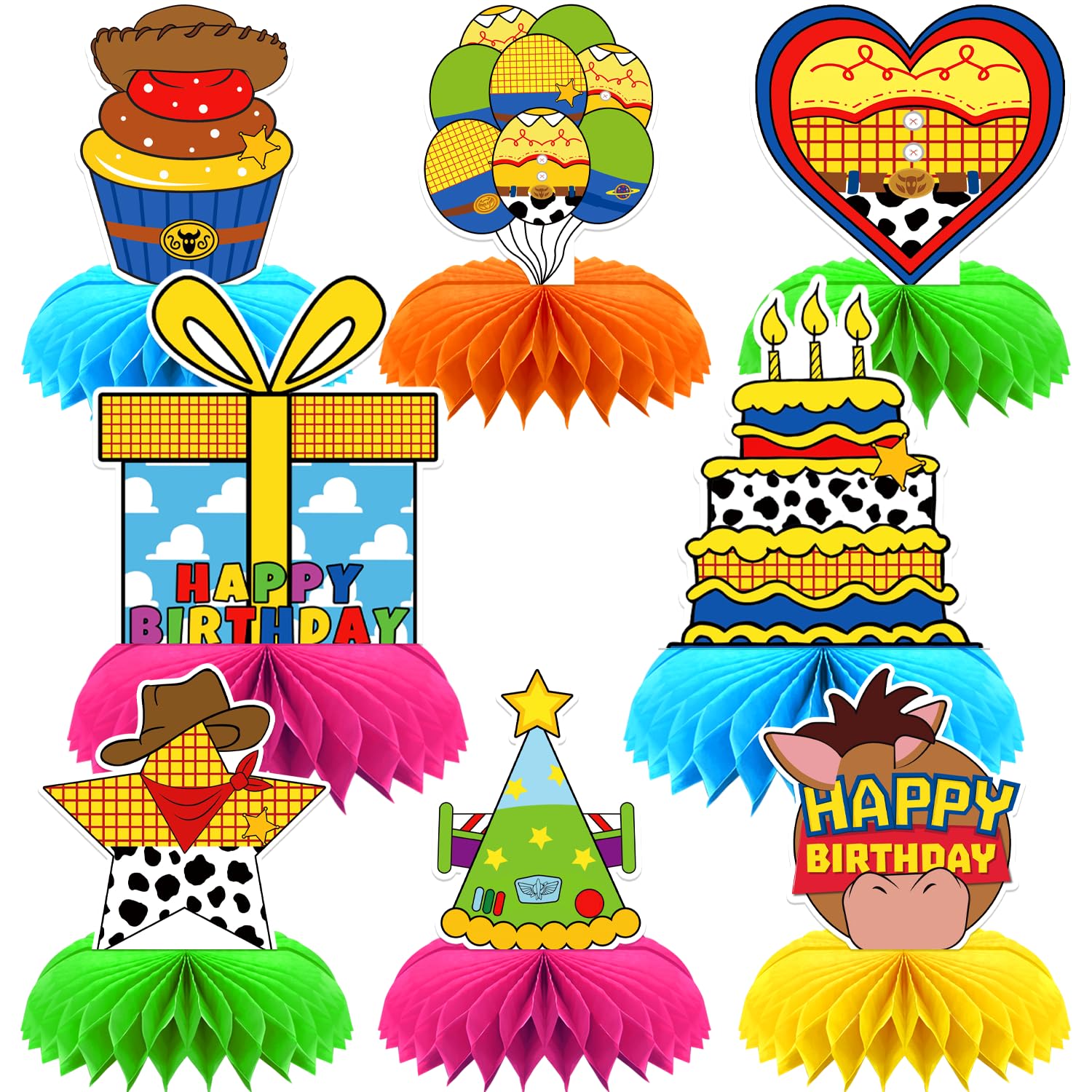 8Pcs Toy Cartoon Story Birthday Party Supplies,Toy Party Honeycomb Centerpieces,Toy Game Theme 3D Table Decorations