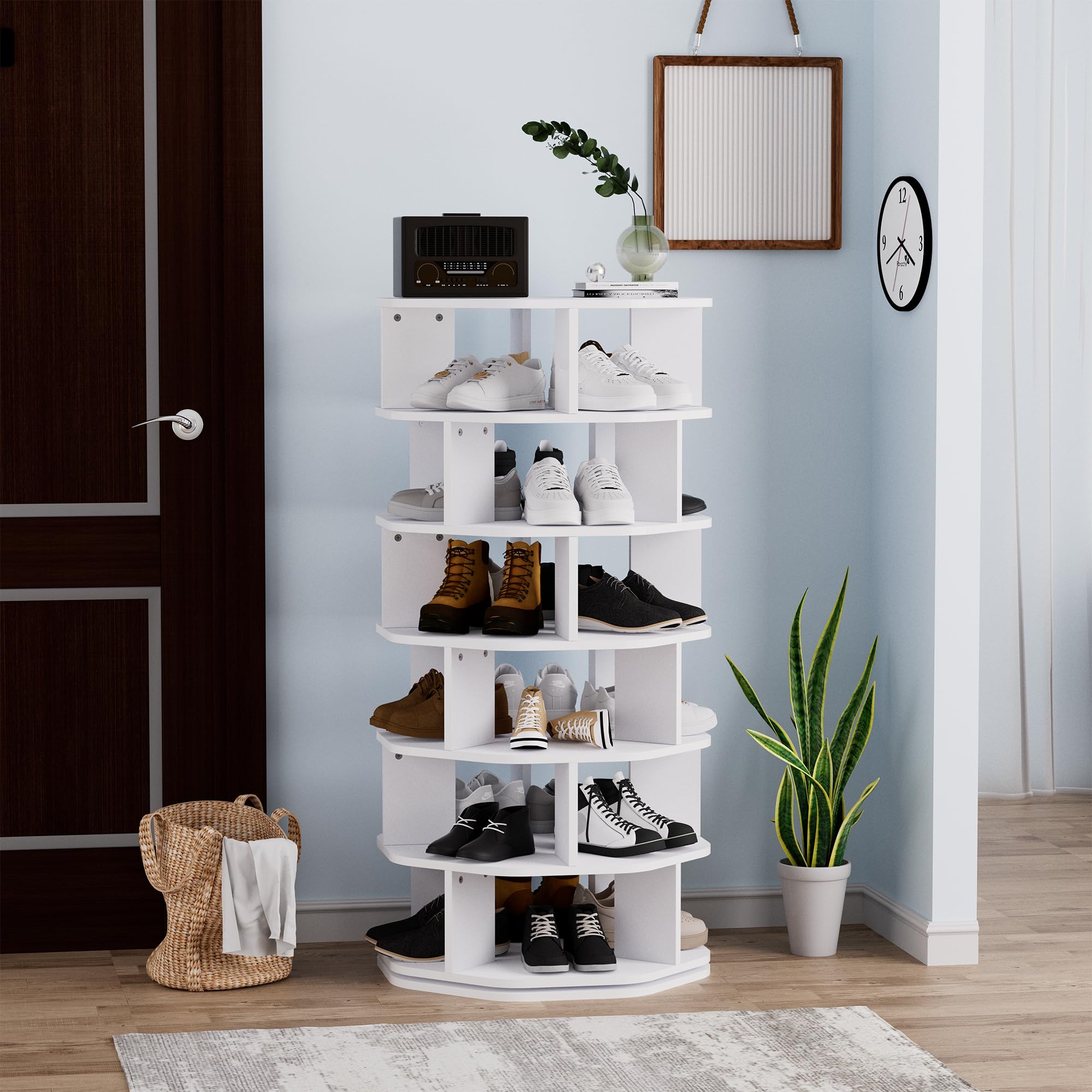 uyoyous 360° Schuhregal 6 Etagen 24 Paar Schuhe Achteckig Weiß Platzsparend | 360° drehbar, platzsparendes achteckiges Design für Flur, Eingang, Wohnzimmer, Schlafzimmer, stabil & langlebig, weiß