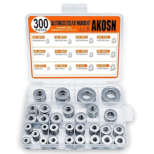 Kit de arandelas planas de acero inoxidable SAE 304, set de 300 arandelas de tornillo de metal para pernos, 8 tamaños #6 #10 #12 14" 516" 38" 12"