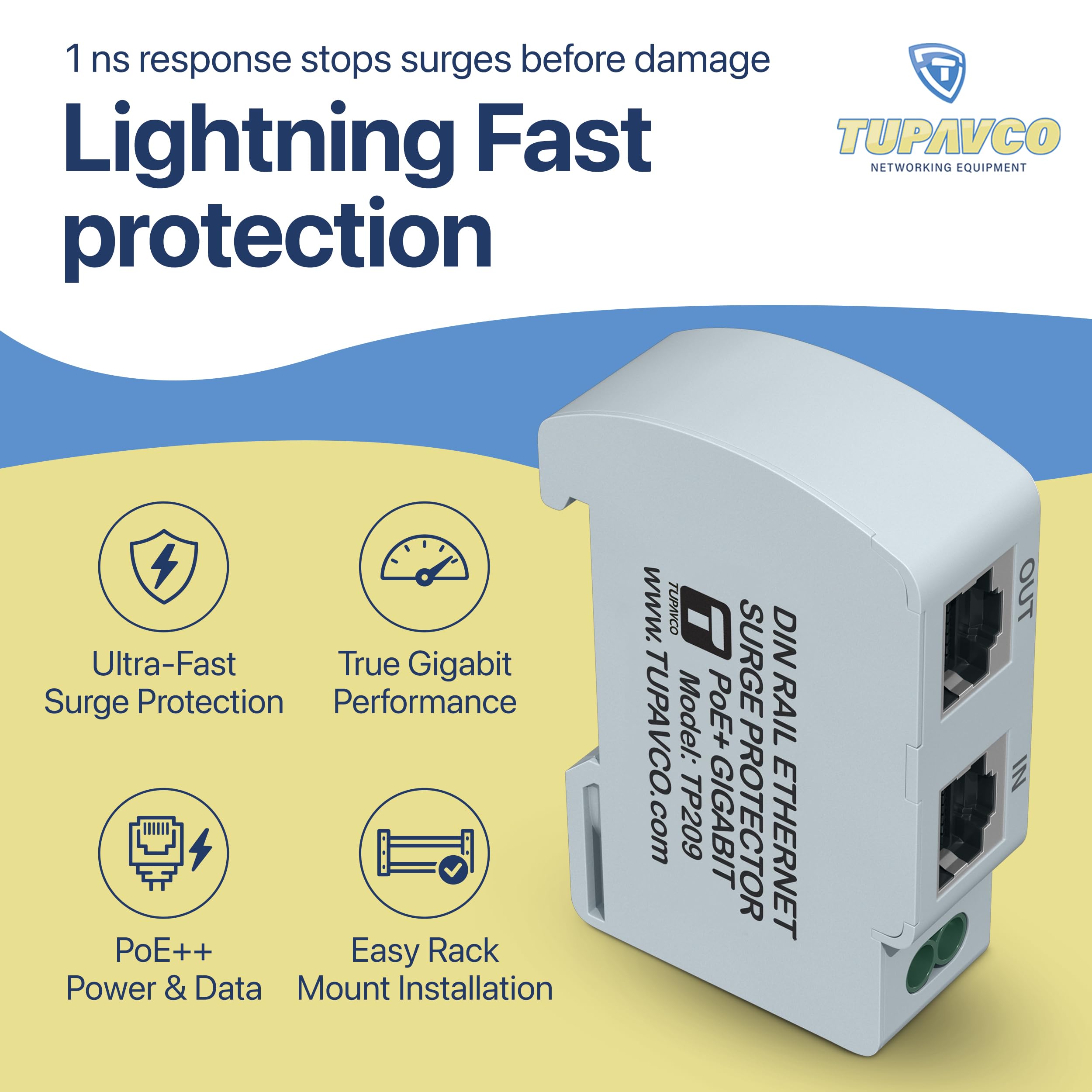 TP209x5 - Protezione contro le sovratensioni Ethernet su guida DIN (confezione da 5) Gigabit, compatibile con PoE++