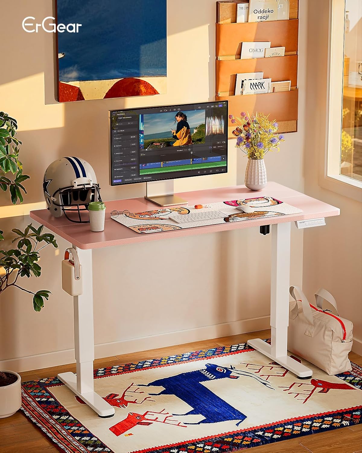 ErGear Height Adjustable Electric Standing Desk, 31 x 19 Inches Sit Stand up Desk, Memory Computer Home Office Desk, Pink thumbnail