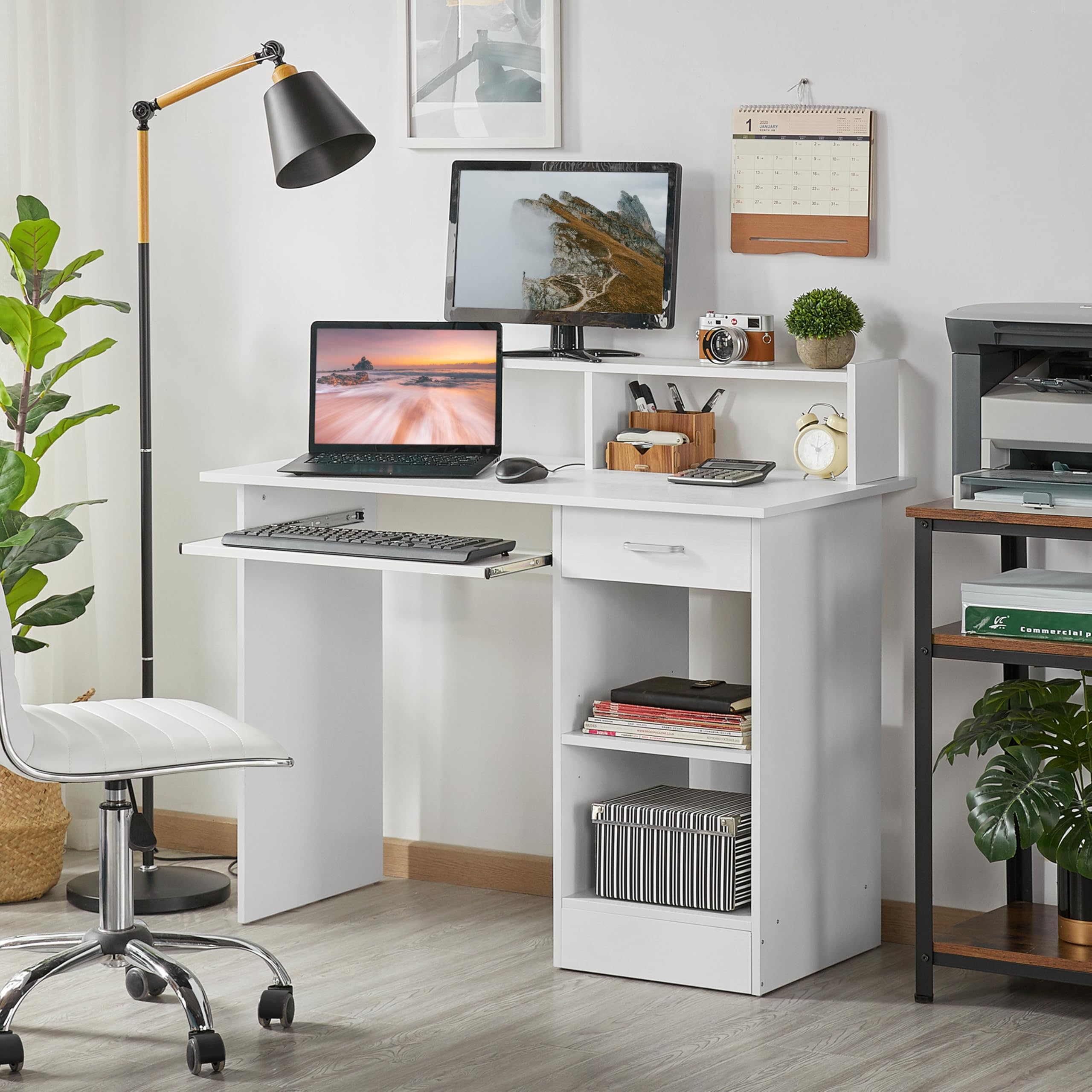Yaheetech Escritorio con Cajón y Estante Ajustable, Mesa Ordenador con Bandeja para Teclado, Mesa de PC con Soporte de Monitor, para Estudio Dormitorio Oficina, Blanco