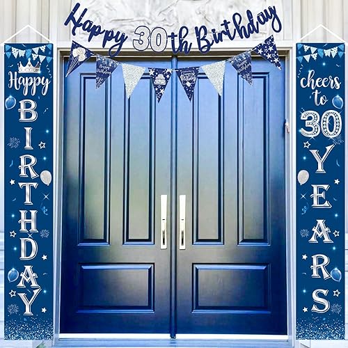 Kit de decoración de 30 cumpleaños azul y plateado, cartel de 30 cumpleaños para puerta, porche, cartel de fondo, pancarta de feliz cumpleaños 30,