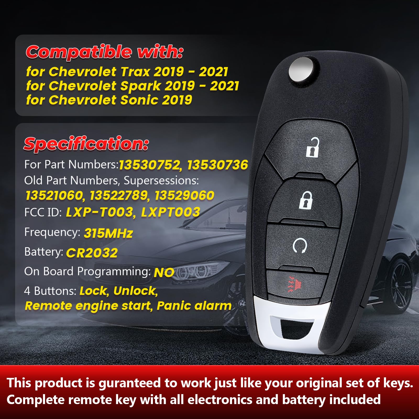 Telecomando di ricambio per telecomando Chevy Chevrolet Trax Spark Sonic 2019 2020 2021 2022 4 pulsanti 315 Mhz Telecomando per chiave auto ID FCC: LXP-T003, P/N: 13530736, 1353075