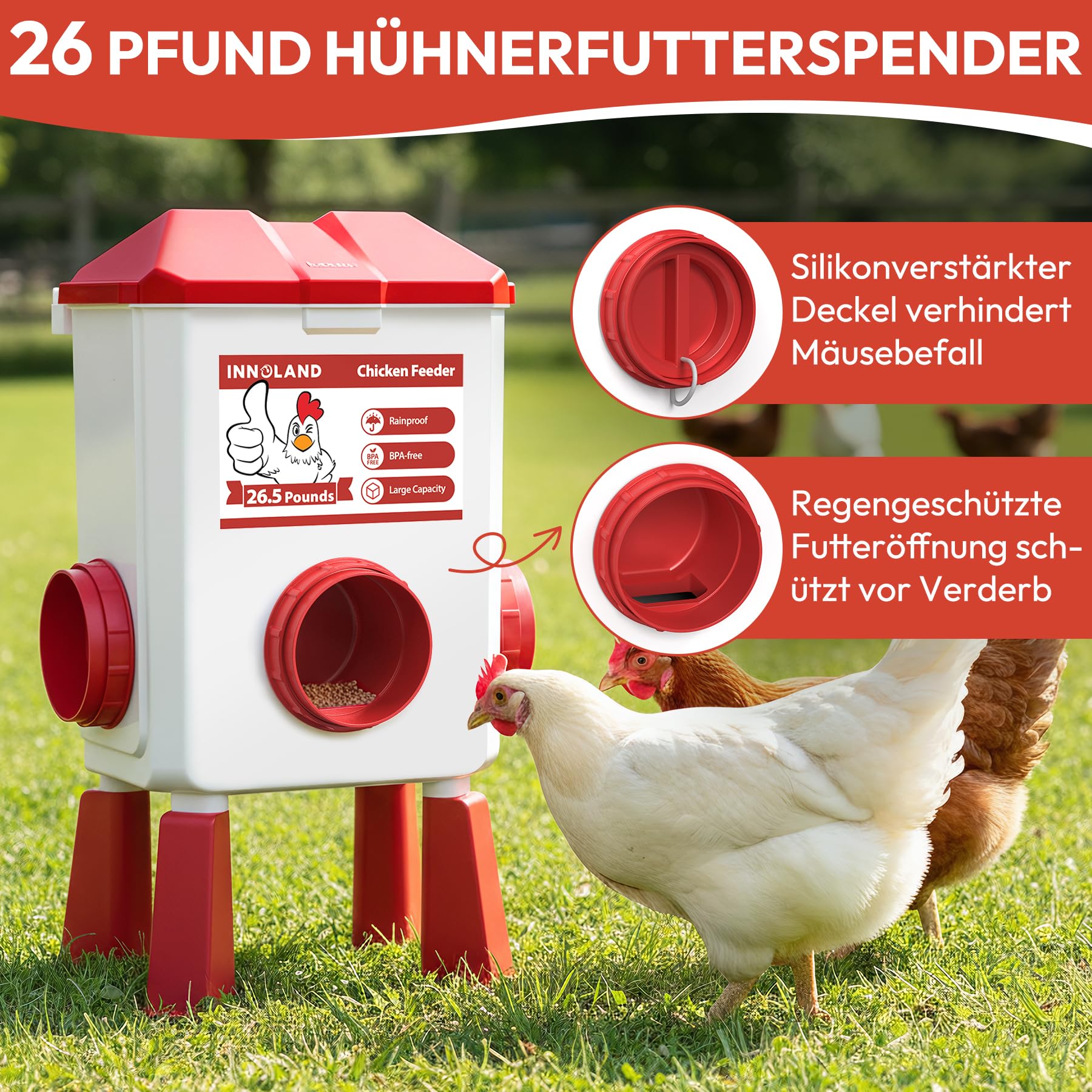 Futterautomat Hühner und Hühnertränke – 12 kg/11 L, Wassertränke Hühner mit 4 Bechern und 3 Futteröffnungen, Keine Verschwendung, Geflügeltränke, Hühnerzubehör für Hennen/Enten/Geflügel