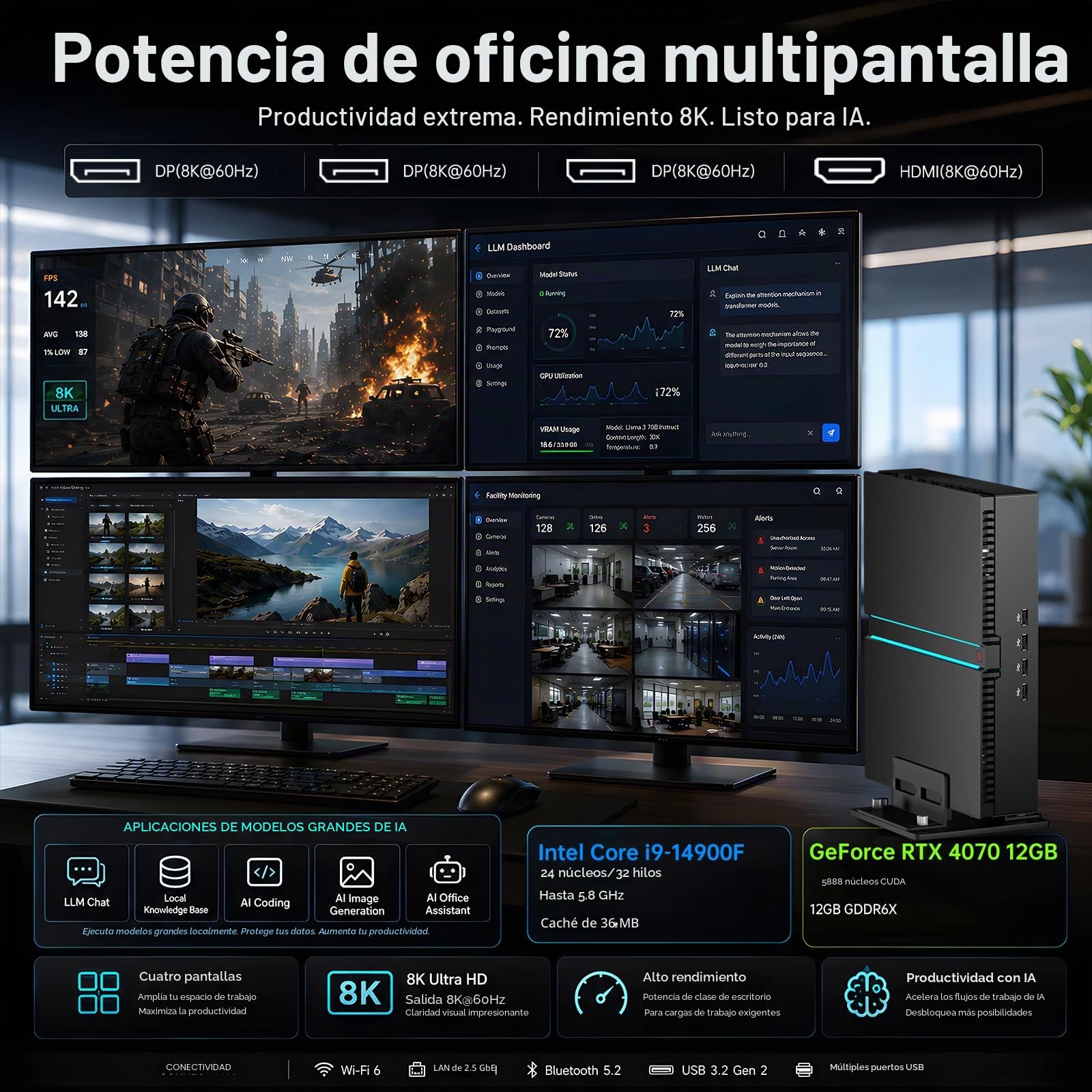 Mini Gaming PC, Ordenador de Sobremesa i9-14900F 24 Núcleos hasta 5.8GHz, 64G DDR5, 2T M.2 PCIE4.0 SSD, Win-11 Pro, GeForce RTX4070 12G, Cuatro Pantallas, 8K@60Hz, Doble LAN, WiFi6E/BT5.3
