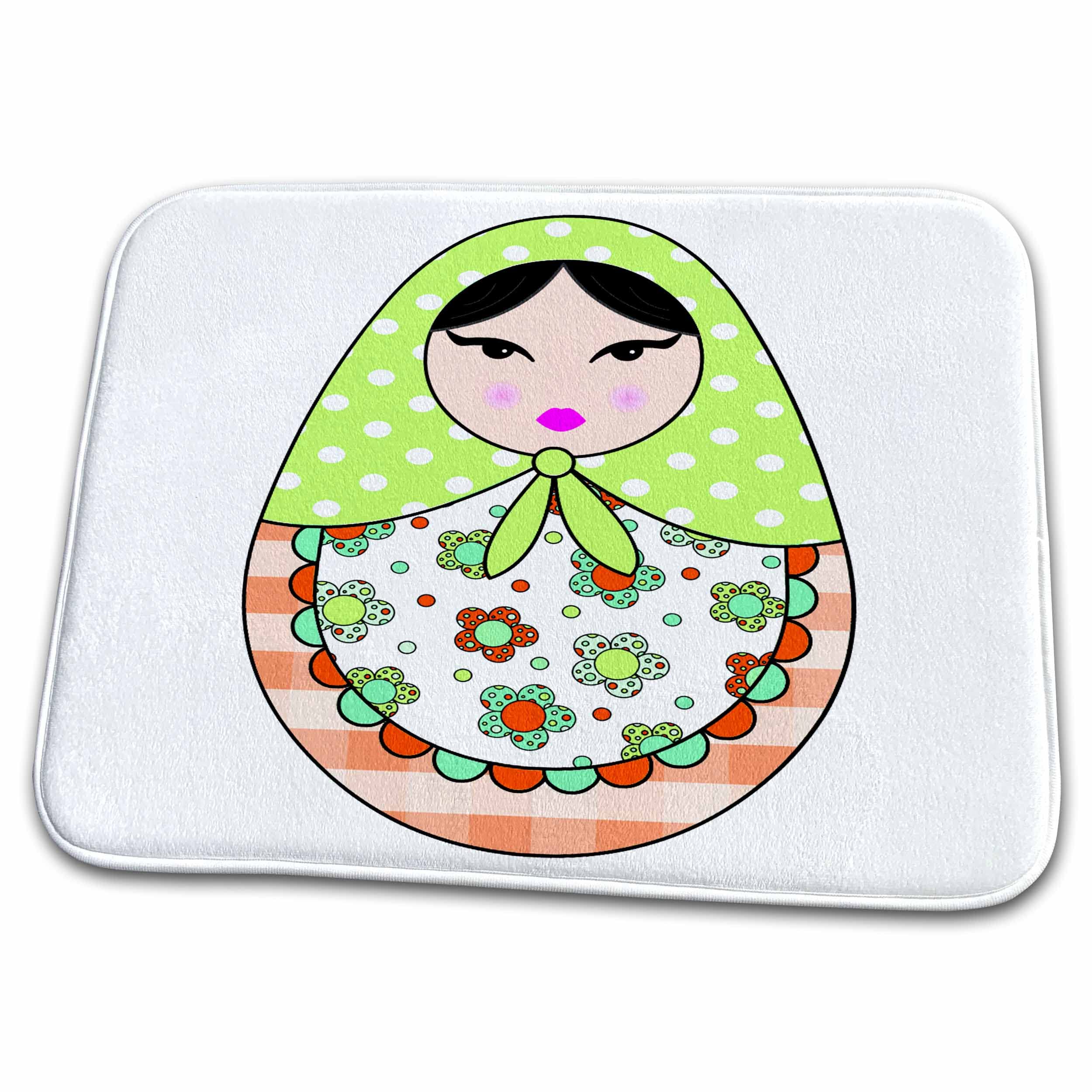 Dish Drying Mat - Cute Russian Matryoshka Nesting Doll Black Hair - Warm Colors White Designs Dolls