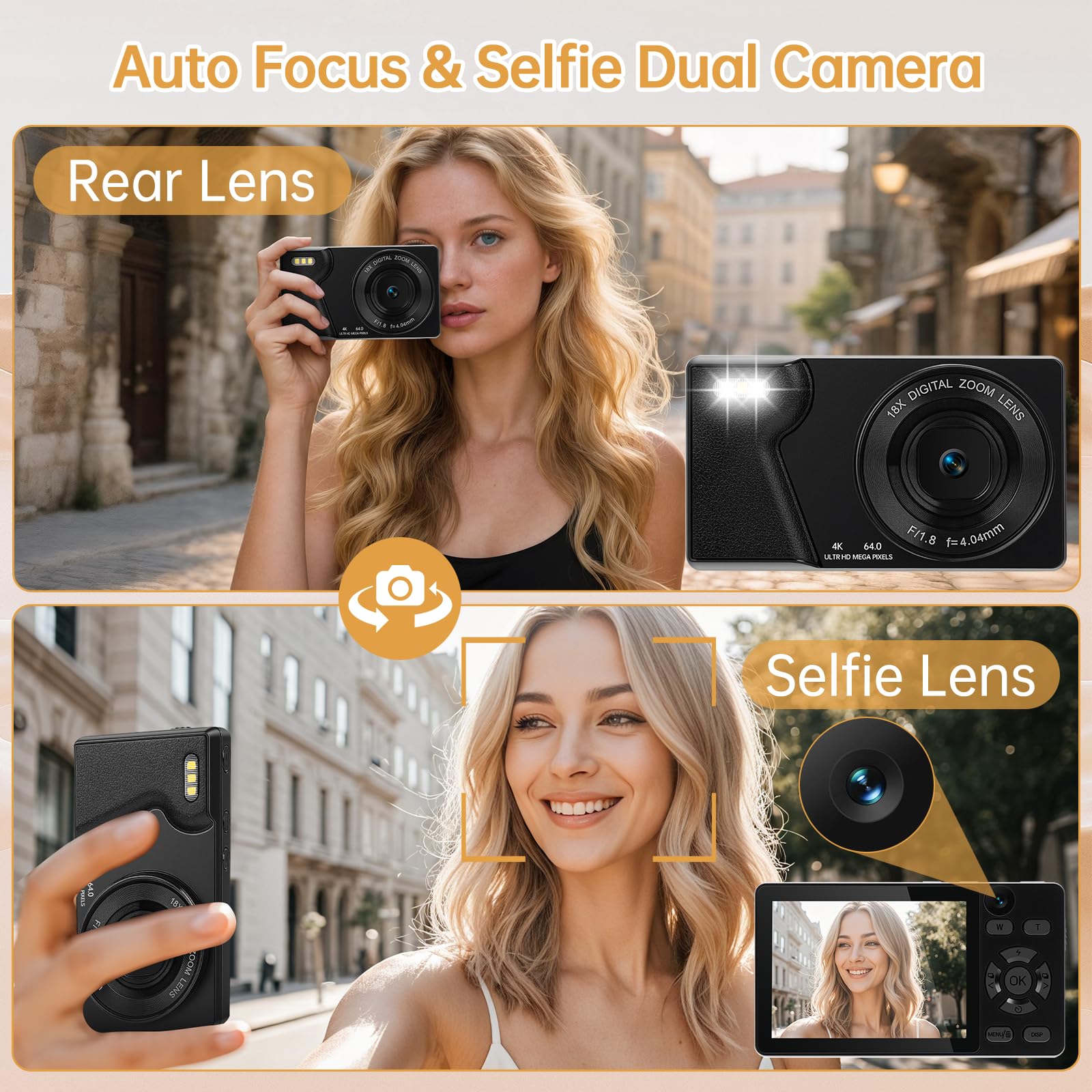 Fotocamera Digitale 4K 64MP con Doppia Fotocamera Frontale e Posteriore, Fotocamera Compatta per Vlogging, Schermo LCD 2,8 Pollici, Zoom Digitale 18X, 32GB SD Card per Bambini (Nero)