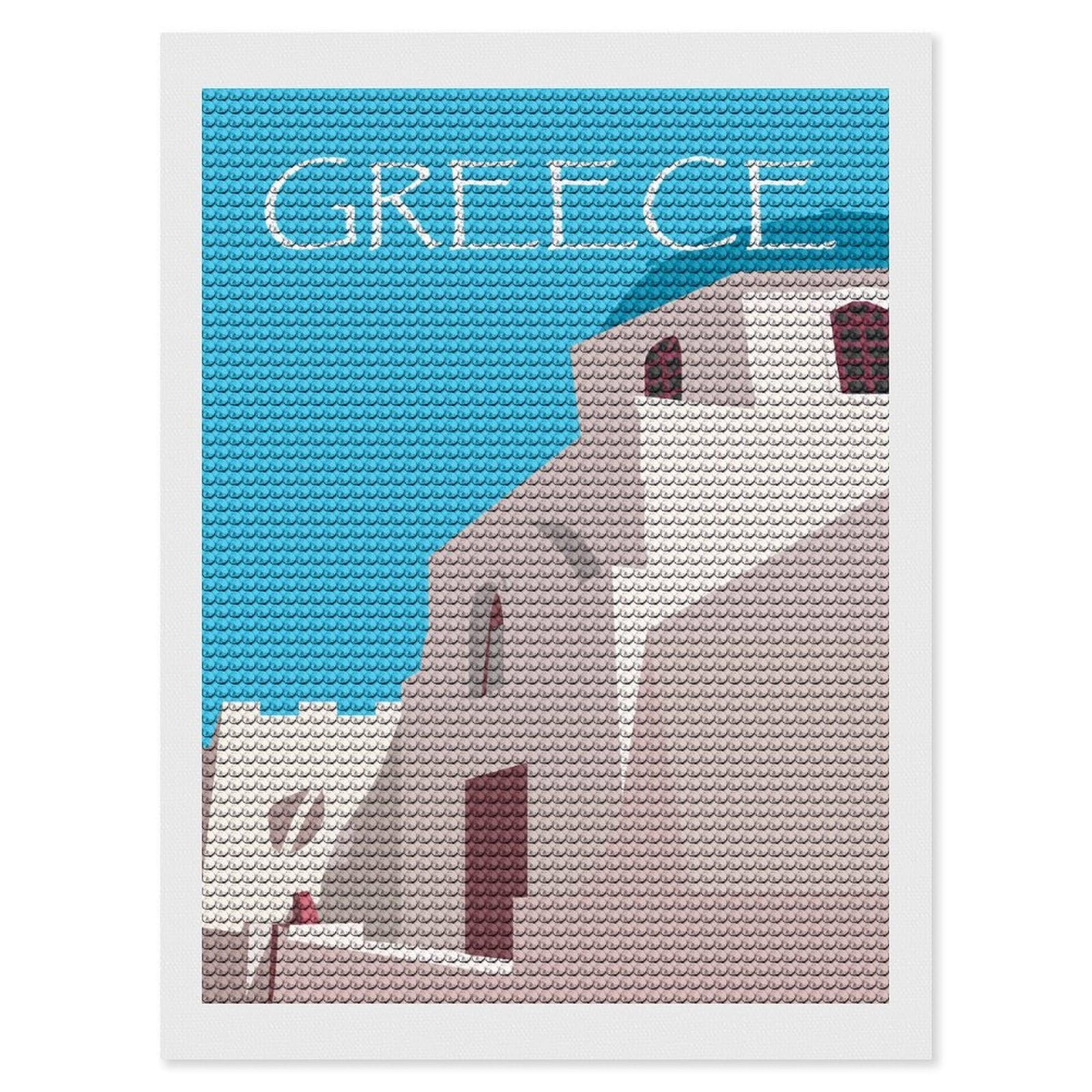 Junmoney Greece Church Illustration Diamond Painting Canvas Set 12"x16", with Tool Kit, Easy to Enjoy, Home Wall Decor, Thoughtful Handmade Gift