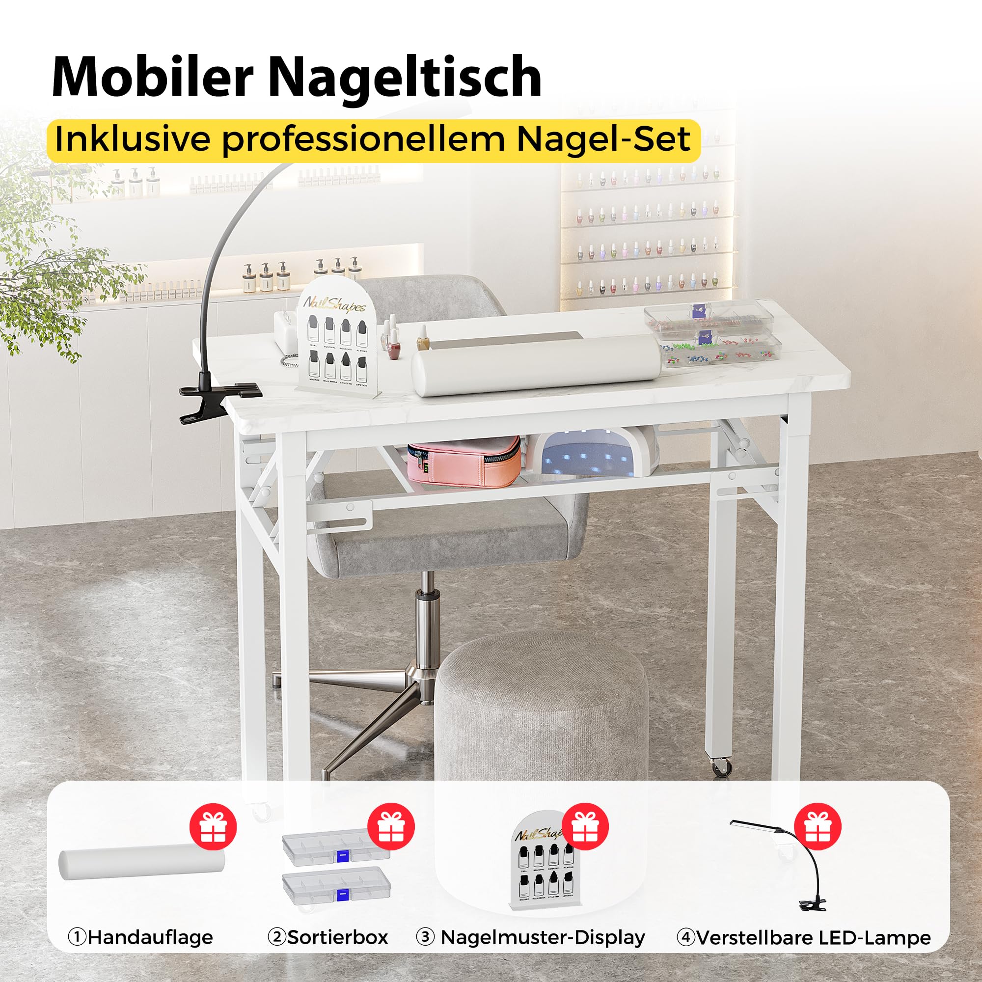 Tragbarer Nageltisch mit Staubabsaugung und LED-Lampe, Klappbarer Manikürtisch mit Tragetasche, Handauflage, Organizer-Boxen & Nail Display, Profi Nagelstudio Tisch für Maniküre & Nageldesign,Weiß