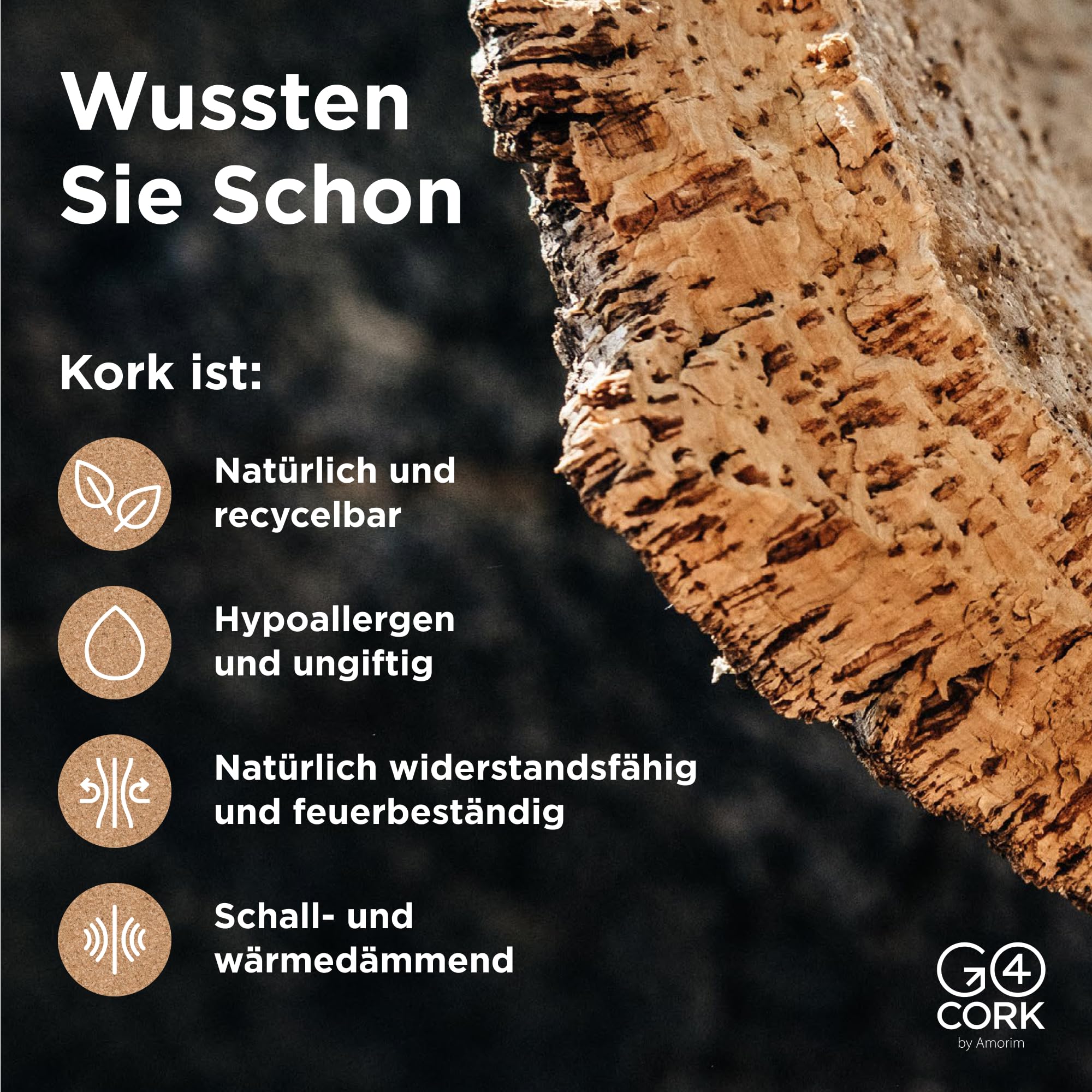 Go4Cork Quadratische Korkplatte 21,5 x 21,5 cm - 4er-Pack | Doppelseitige Premium Öko Korkfliesen | Vielseitig einsetzbar für Basteln, Zuhause, Ordnung im Büro | Rutschfest & leicht verwendbar