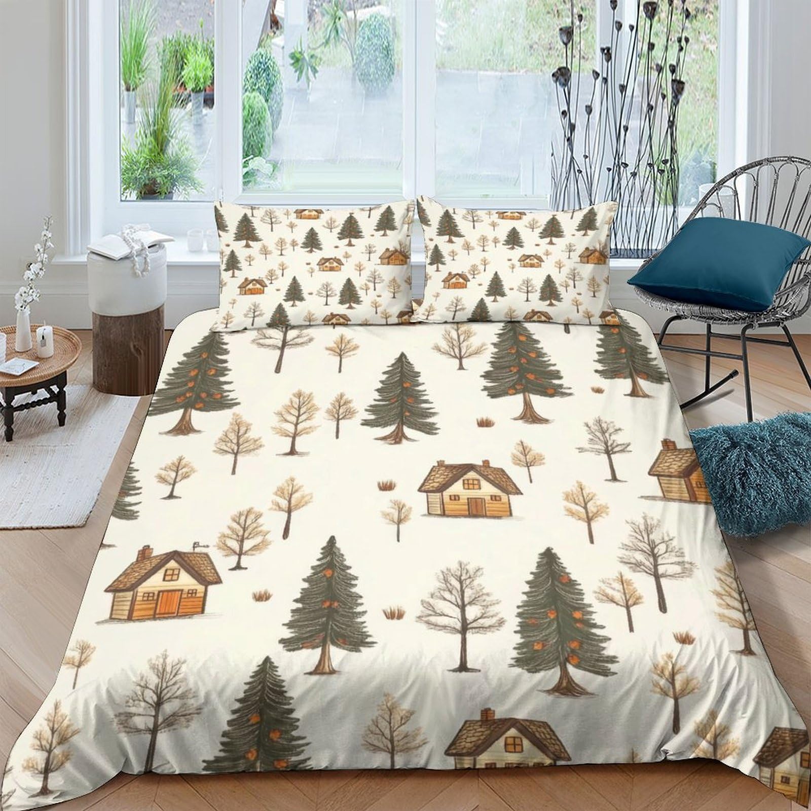 Ctjqhvkz Style-8 3D Printed Forest Cabin Fitted Sheet Microfiber Soft Breathable Pine Tree Mattress Cover For Bedroom Guest Room Decor Single（135X200cm）