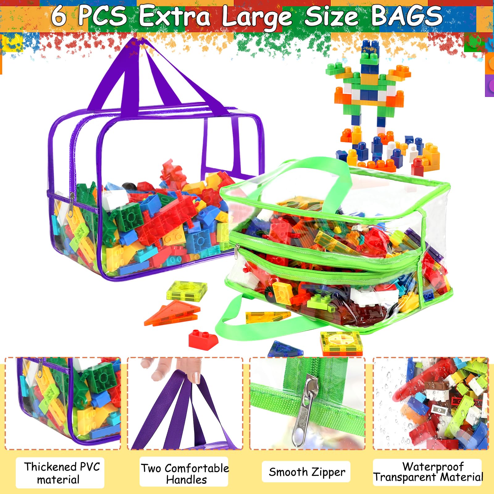 Sacs de rangement larges de 6 couleurs, 32,6 x 23,3 x 17 cm avec étiquettes, réutilisables en PVC transparent, sacs de rangement de jeux de société, sacs de voyage imperméables avec fermeture éclair