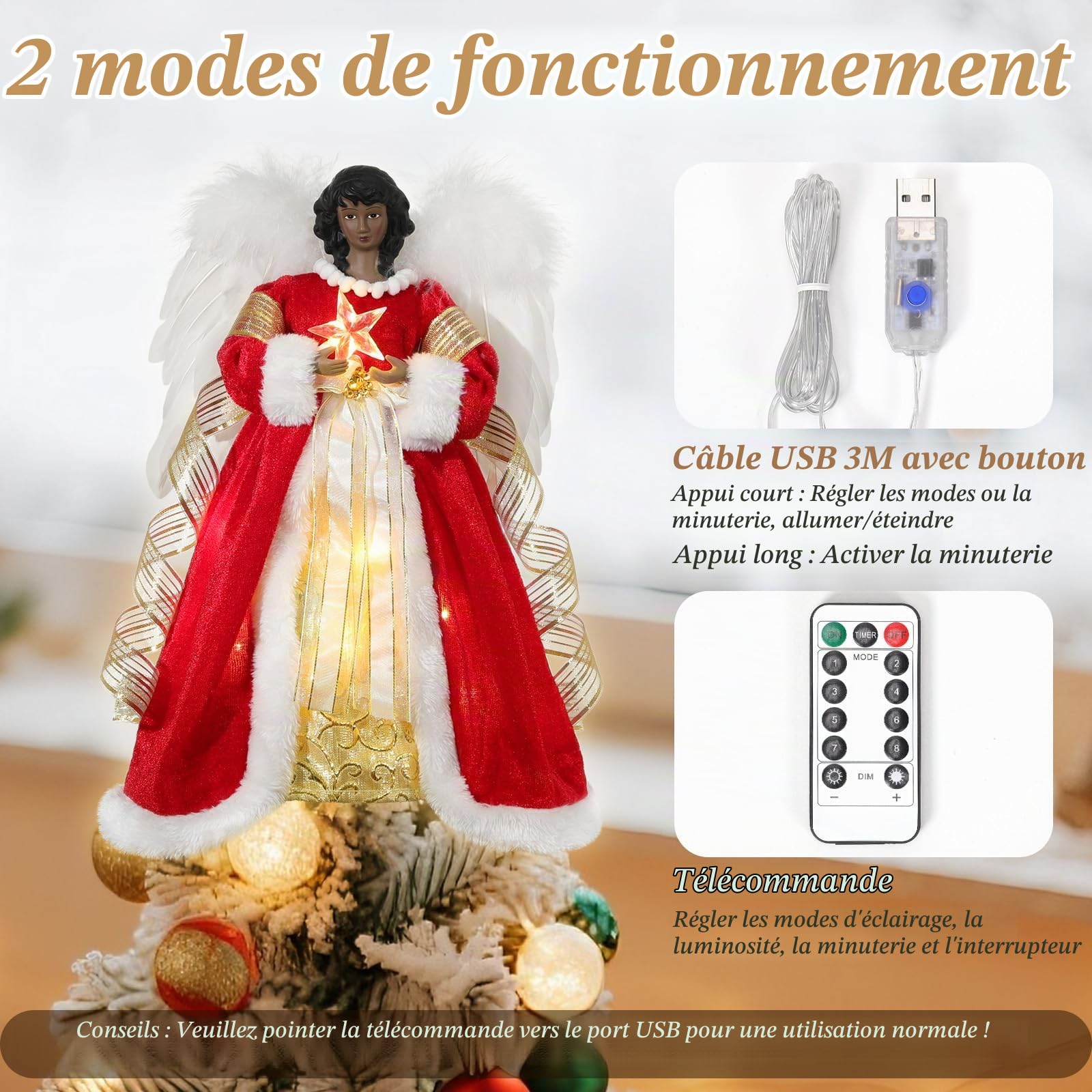 Lewondr Ange Noir de la Cime du Sapin de Noël, 12" Cimier d'Arbre de Noël Ange avec 8 Modes de Lumière, Figurine d'Ange avec Aile, Décoration de l'Arbre de Noël avec Minuterie 6H pour la Maison, Rouge