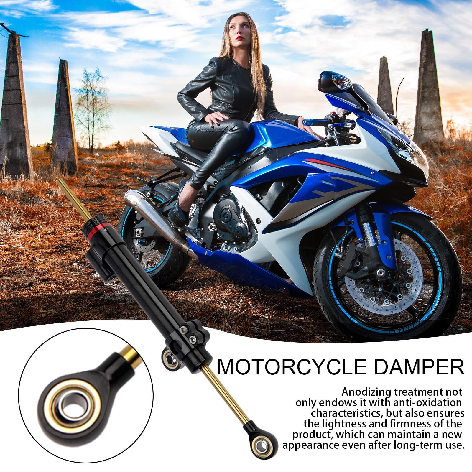 Tłumika kierownicy motocyklowej, stabilizator kierownicy motocyklowej - Regulowana kontrola stabilizatora - Aluminium stopowy motocyklowy pręt amortyzujący, liniowa odwrócona kontrola bezpi