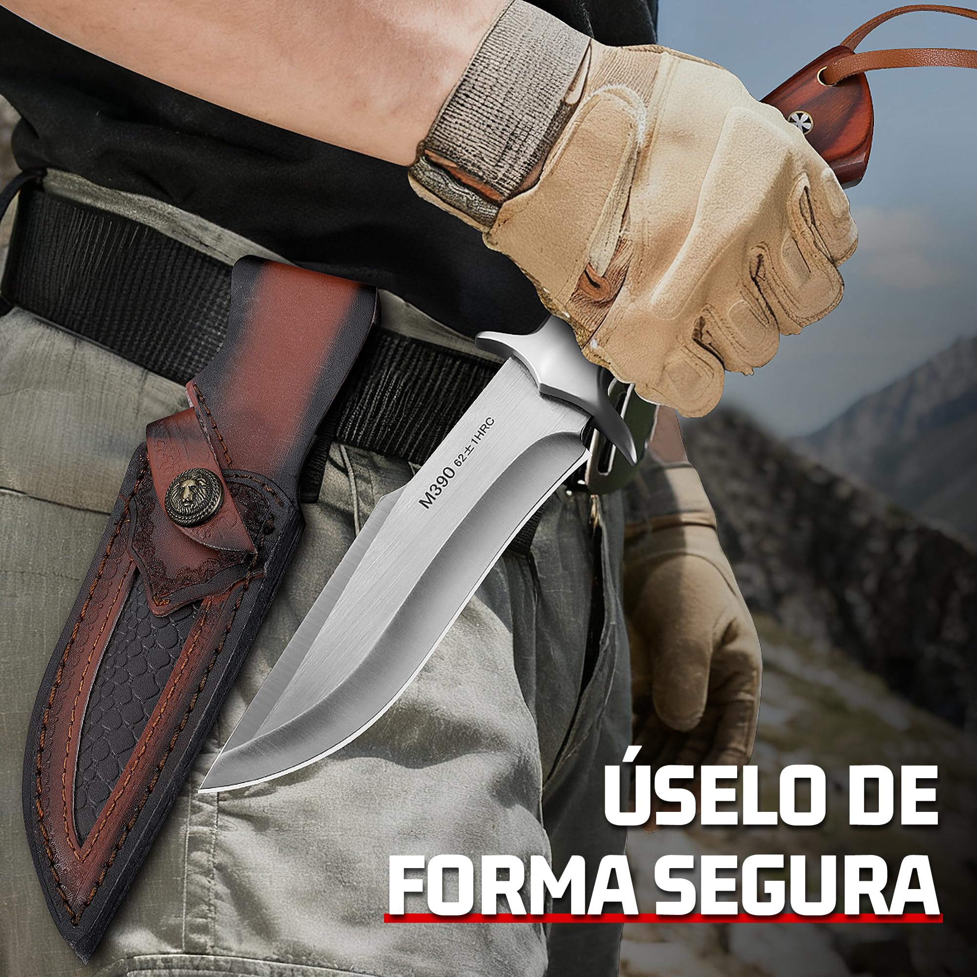 Plys Cuchillo Caza Cuchillo Supervivencia: Cuchillo de CinturóN de Hoja Recta Con Funda de Cuero,Pulsera de Paracord,Mango de Madera,Regalos Para Hombres