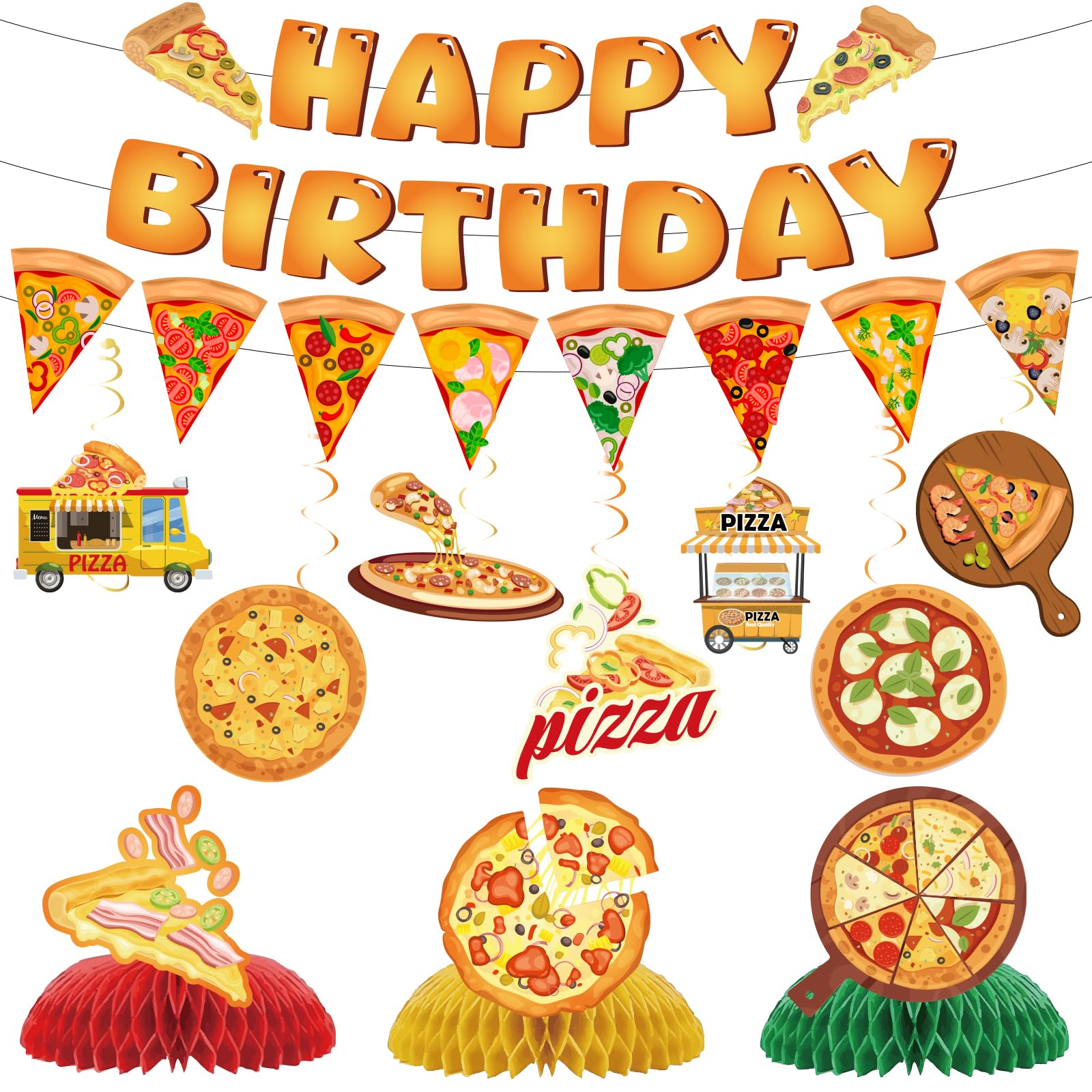 Pizza Party Happy Birthday Banner - Pizza Birthday Decorations Food Party
