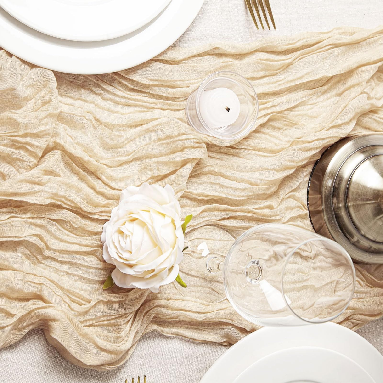 Lot de 10 chemins de table en toile de fromage, beige, 90 x 300 cm