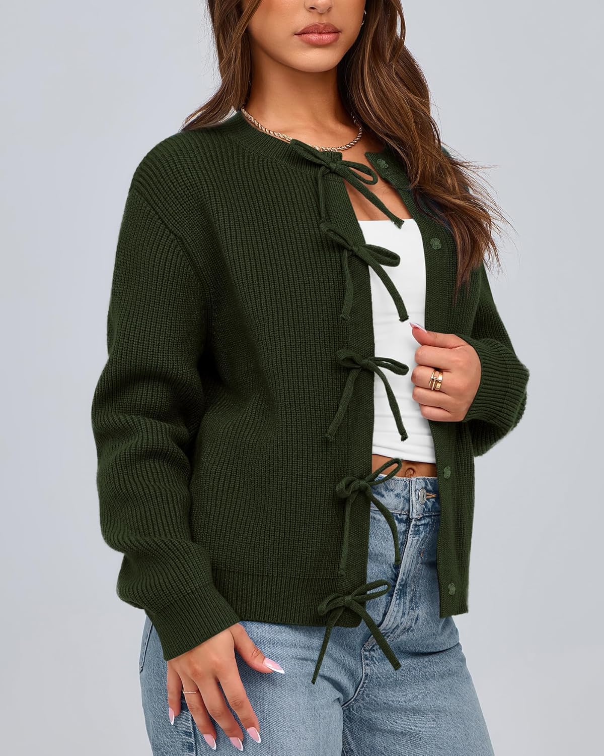 BTFBM Bow Cropped Cardigan Sweaters for Women 2026 Fall Winter Open Front Sweater Long Sleeve Button Fashion Spring Clothes - Image 6