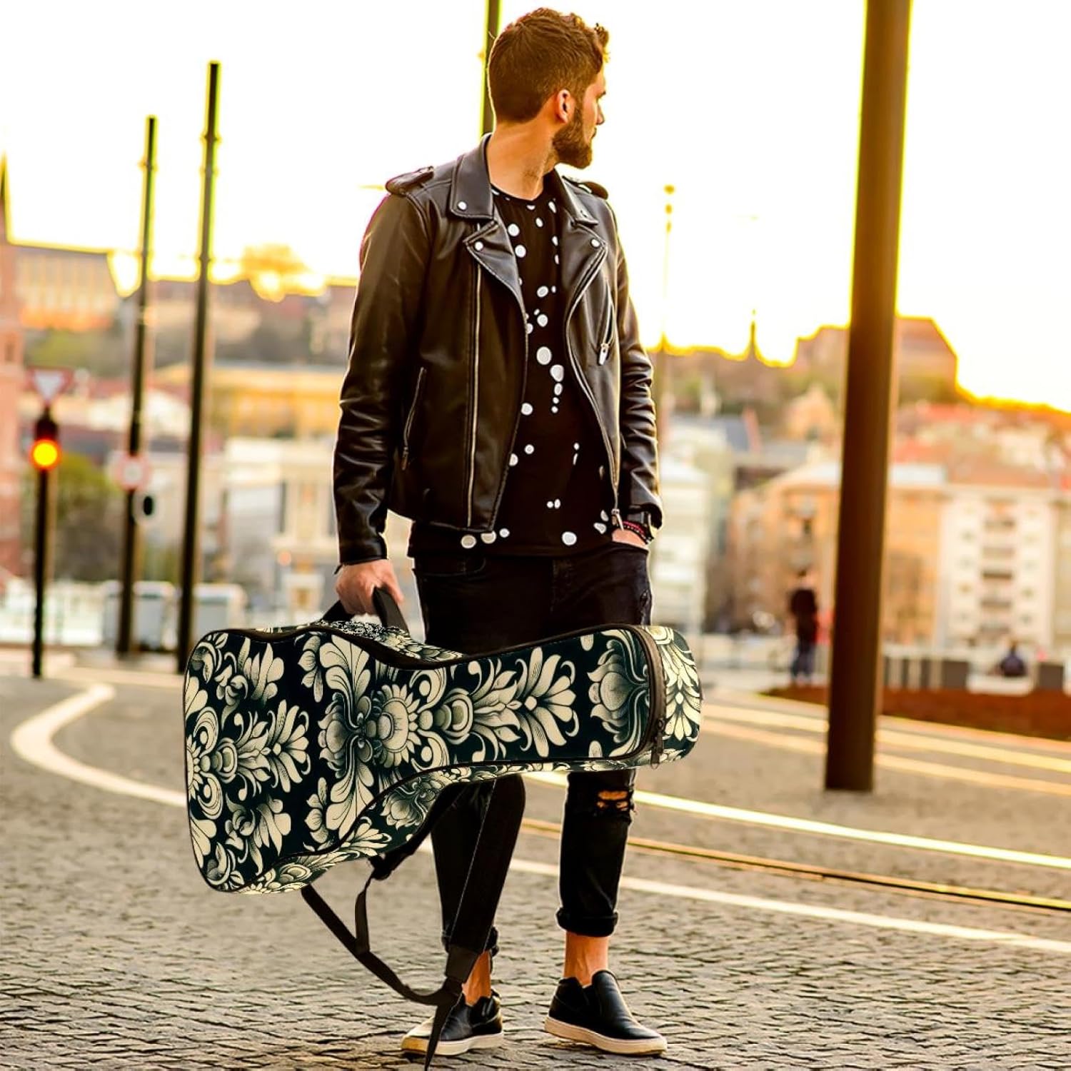 Acoustic Guitar Bag 0.4 Inch Thick Padding Waterproof Guitar Case Gig Bag for 40 41 42 Inch Electric Bass Classical Guitar, Seamless Pattern