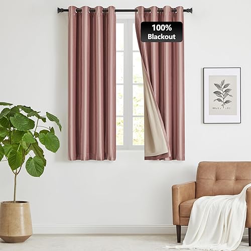 GIGIZAZA Cortinas de terciopelo 100% opacas de 63 pulgadas, 2 paneles, cortinas de ventana color rosa rubor con forro térmico de lujo para sala de